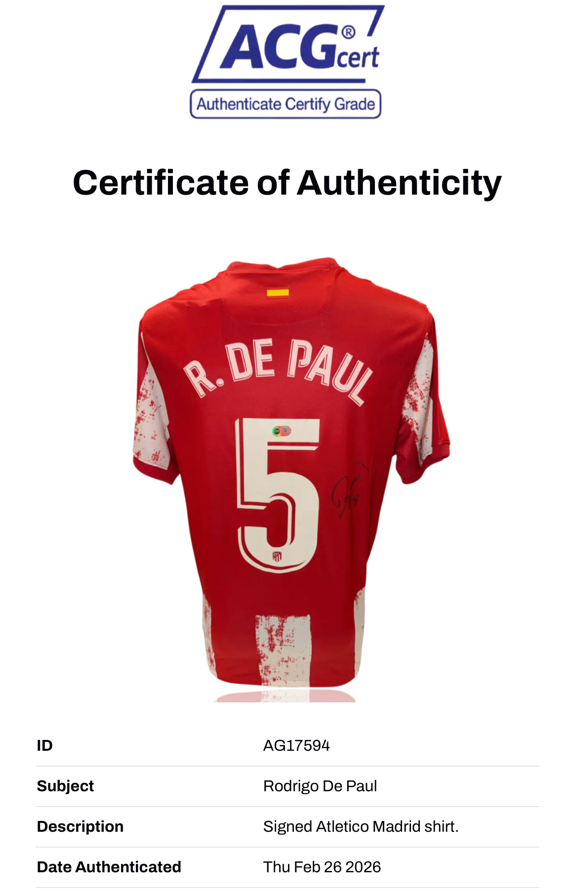 RODRIGO DE PAUL SIGNED ATLETICO MADRID 2021/22 HOME SHIRT (ACG CERT AG17594)