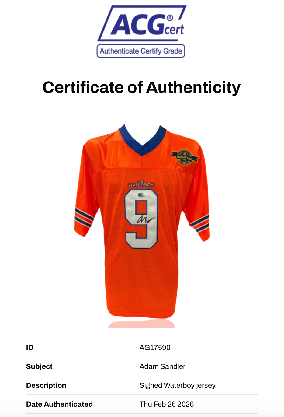 ADAM SANDLER SIGNED BOBBY BOUCHER THE WATERBOY JERSEY (ACG CERT AG17590)-2