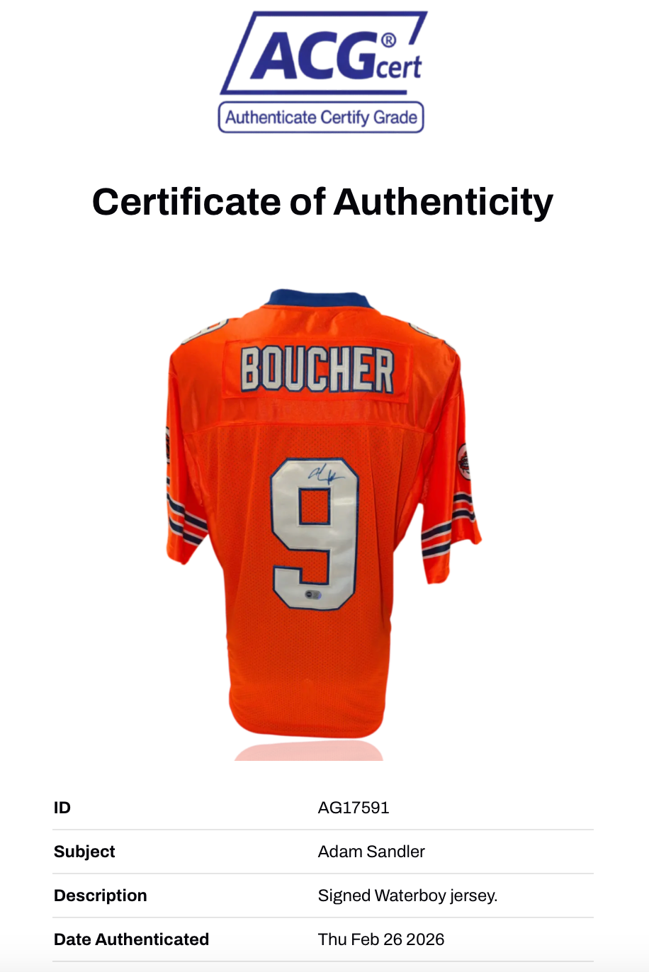 ADAM SANDLER SIGNED BOBBY BOUCHER THE WATERBOY JERSEY (ACG CERT AG17591)-3