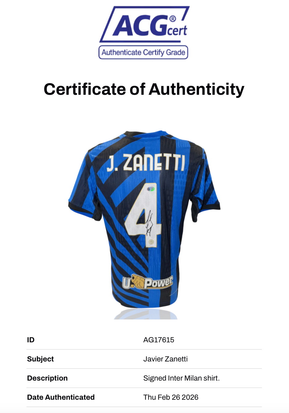 JAVIER ZANETTI SIGNED INTER MILAN HOME SHIRT (ACG CERT AG17615)