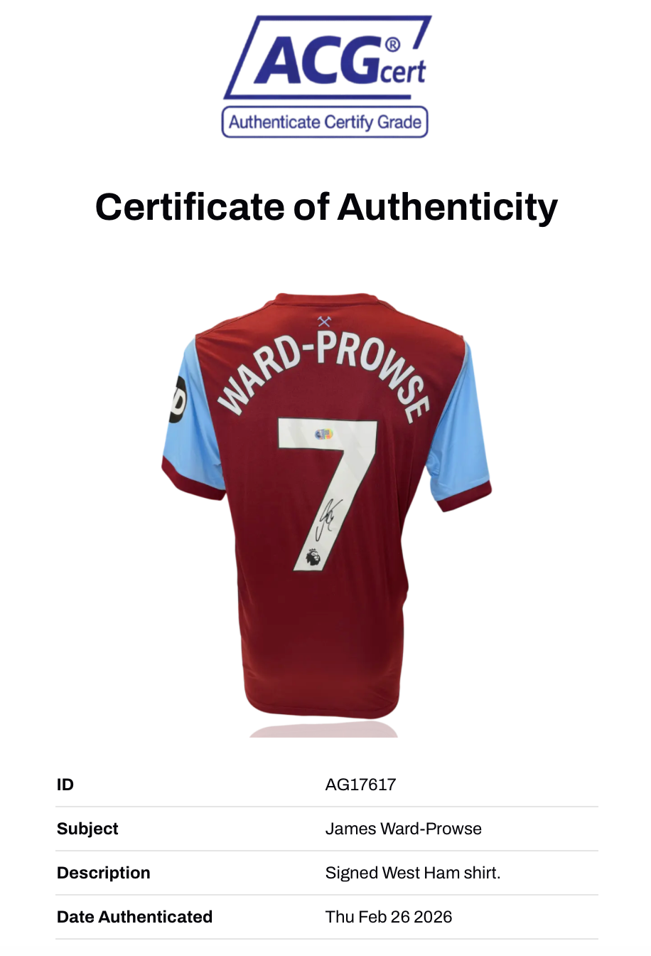 JAMES WARD-PROWSE SIGNED WEST HAM UNITED 2023/24 HOME SHIRT (ACG CERT AG17617)