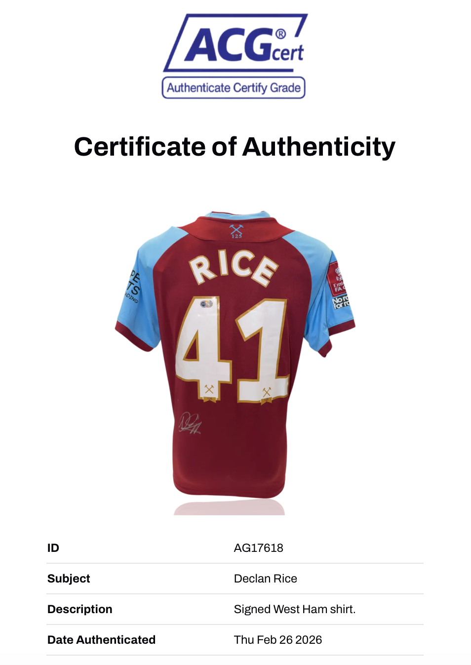 DECLAN RICE SIGNED WEST HAM UNITED 2021/22 HOME SHIRT (ACG CERT AG17618)