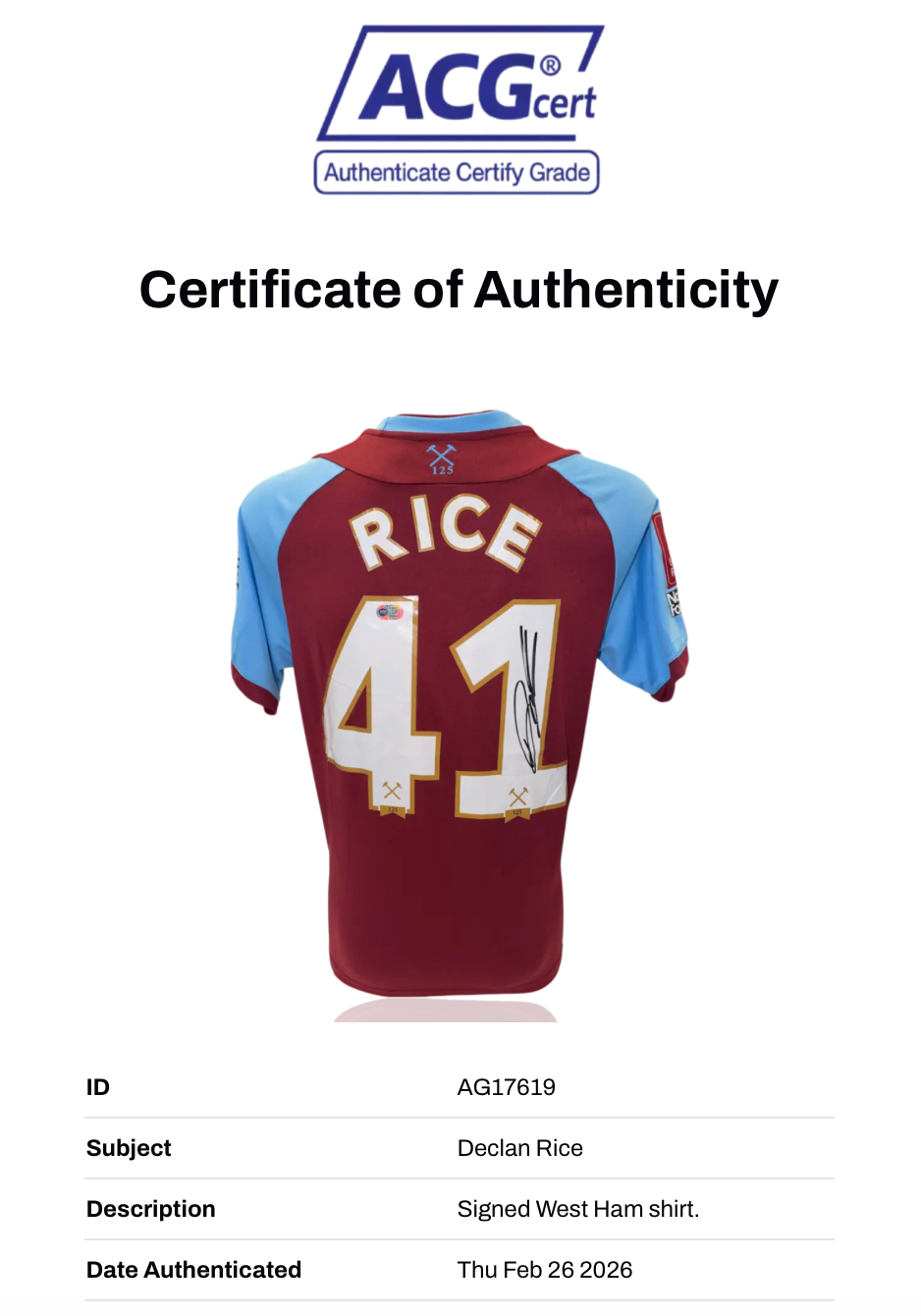DECLAN RICE SIGNED WEST HAM UNITED 2021/22 HOME SHIRT (ACG CERT AG17619)