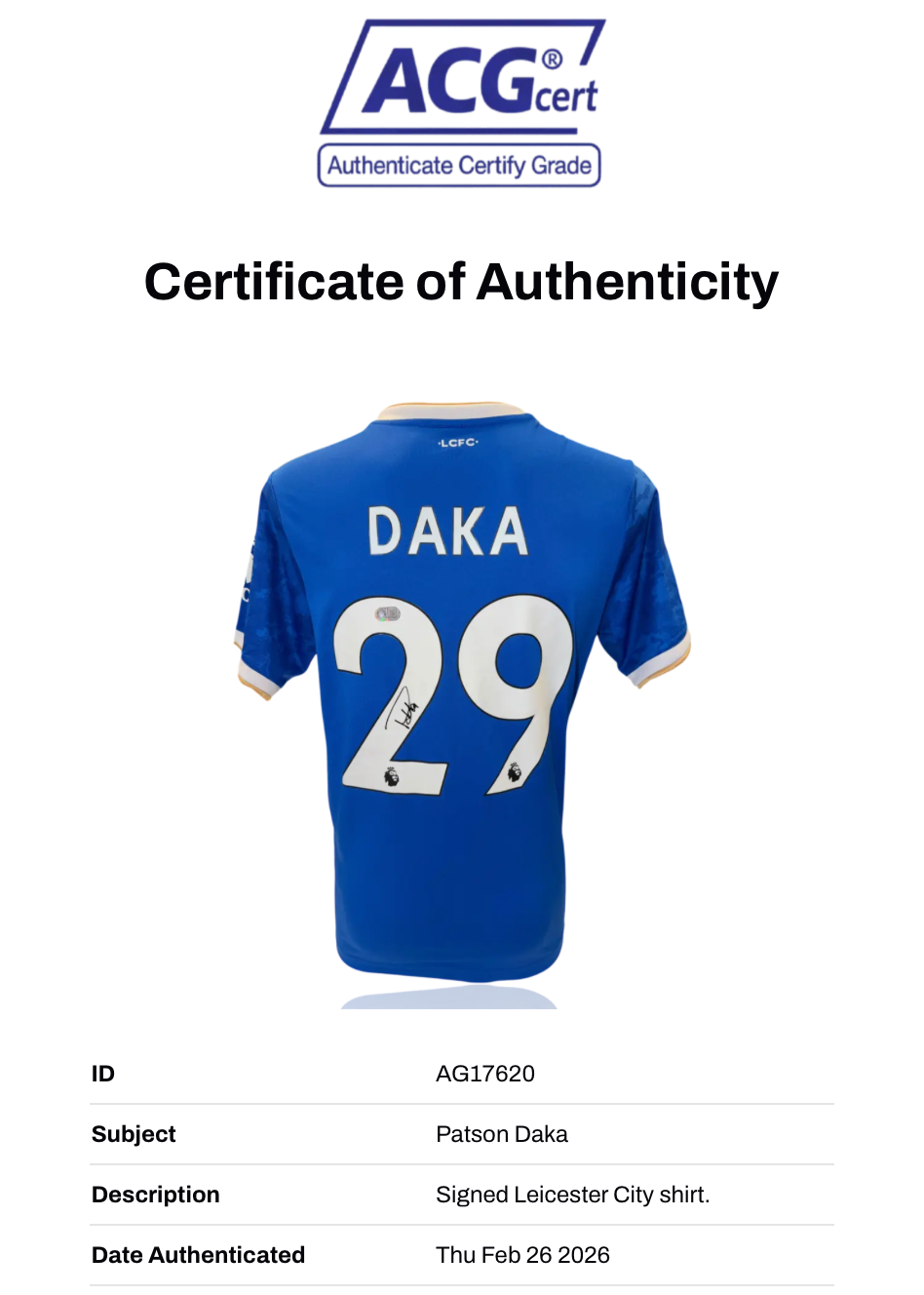 PATSON DAKA SIGNED LEICESTER CITY 2021/22 HOME SHIRT (ACG CERT AG17620)