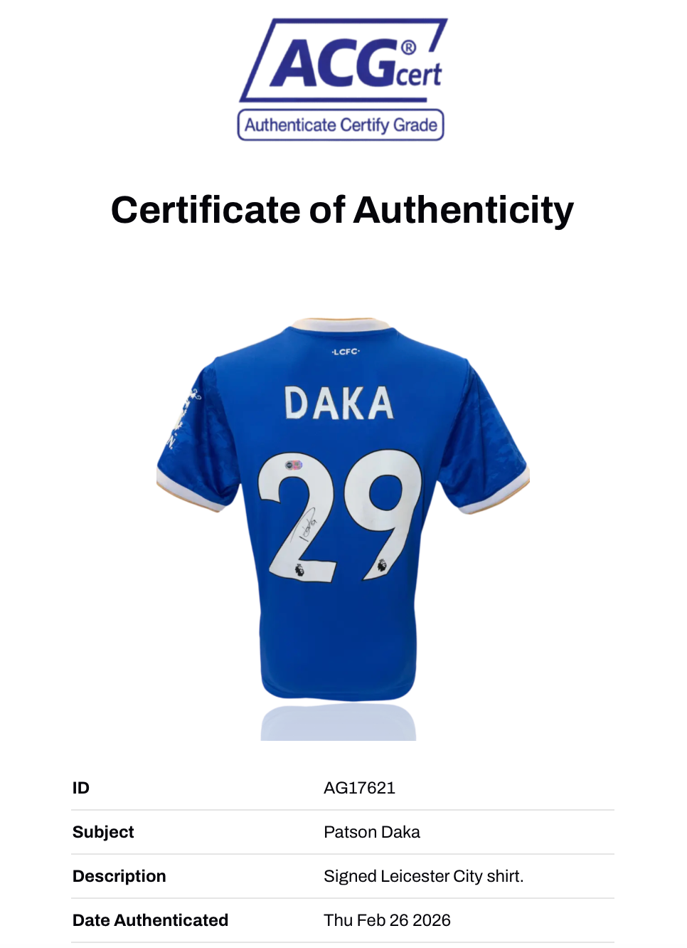 PATSON DAKA SIGNED LEICESTER CITY 2021/22 HOME SHIRT (ACG CERT AG17621)