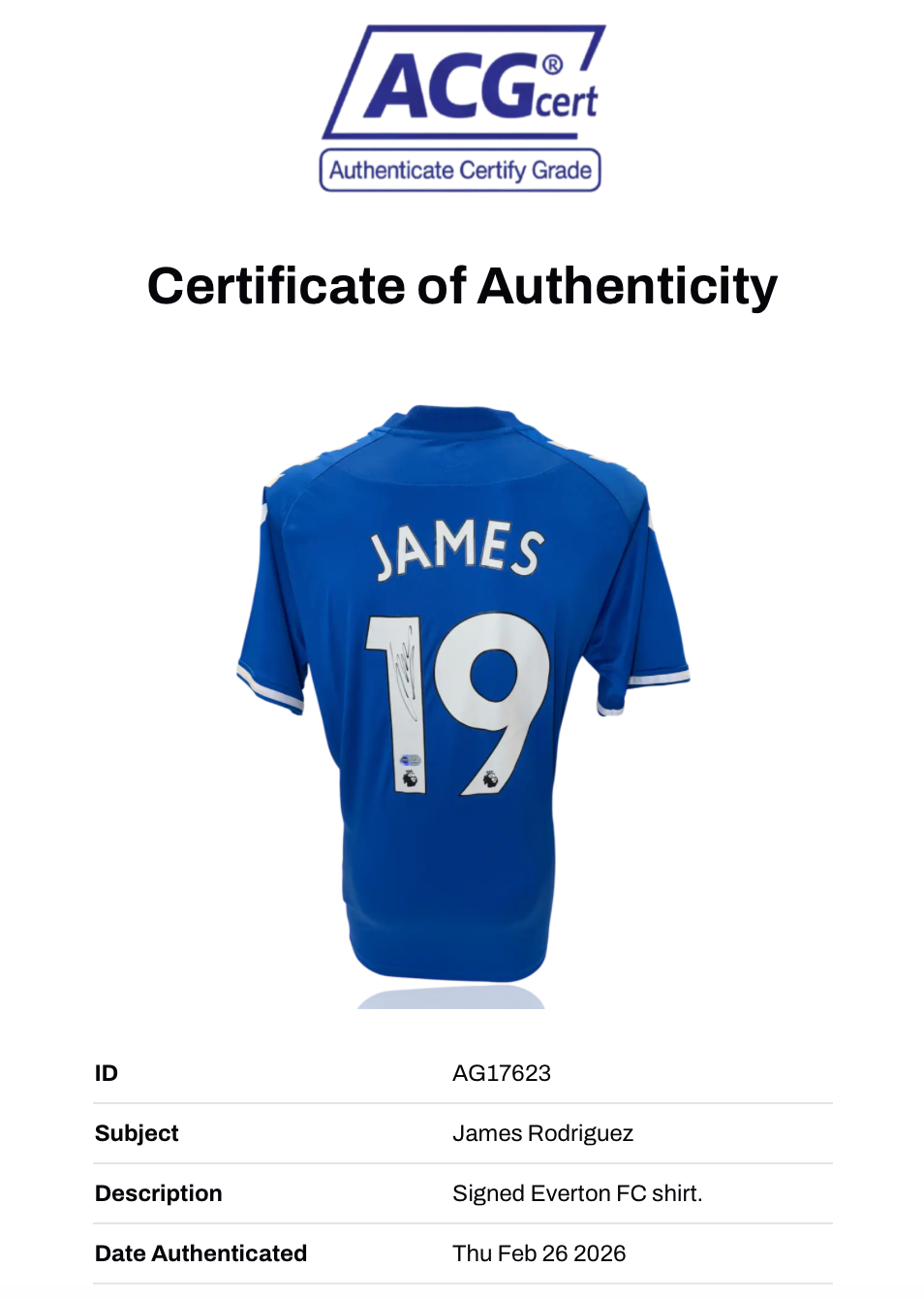 JAMES RODRIGUEZ SIGNED EVERTON 2020/21 HOME SHIRT (ACG CERT AG17623)