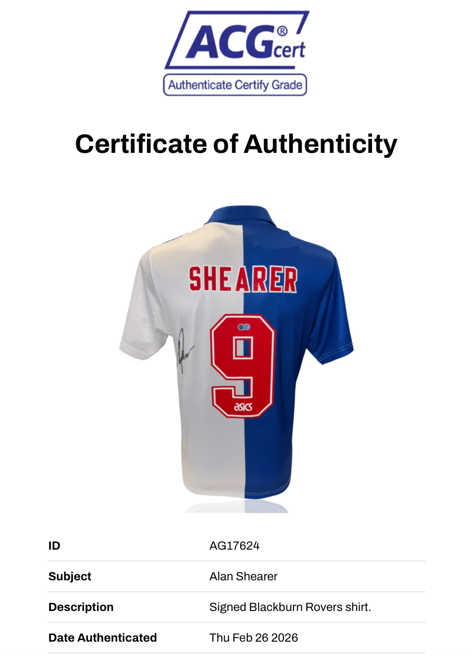 ALAN SHEARER SIGNED BLACKBURN ROVERS 1995 LEAGUE WINNERS SHIRT (ACG CERT AG17624)-2