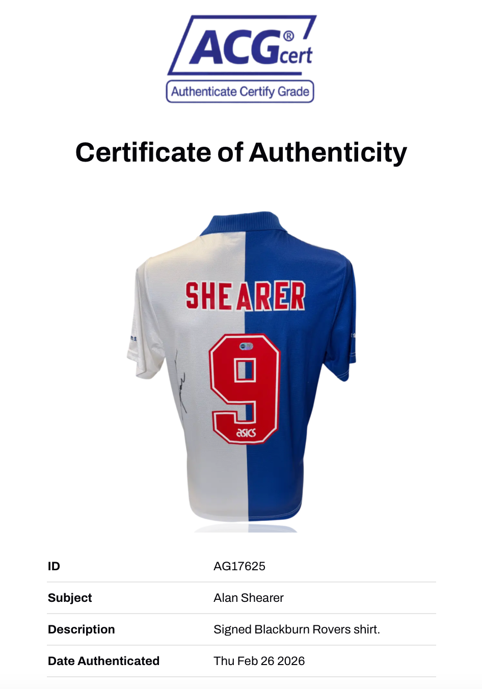 ALAN SHEARER SIGNED BLACKBURN ROVERS 1995 LEAGUE WINNERS SHIRT (ACG CERT AG17625)