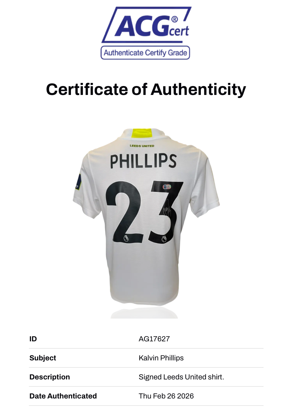KALVIN PHILLIPS SIGNED LEEDS UNITED 2021/22 HOME SHIRT (ACG CERT AG17627)-2