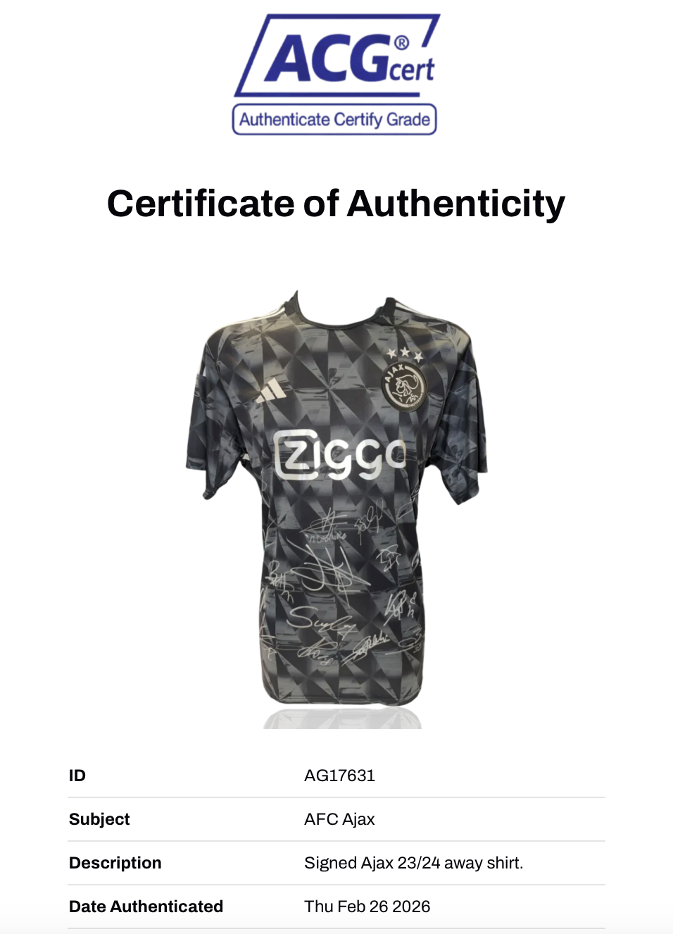AFC AJAX SIGNED 2023/24 AWAY SQUAD SHIRT HENDERSON, HATO, TAYLOR (ACG CERT AG17631)