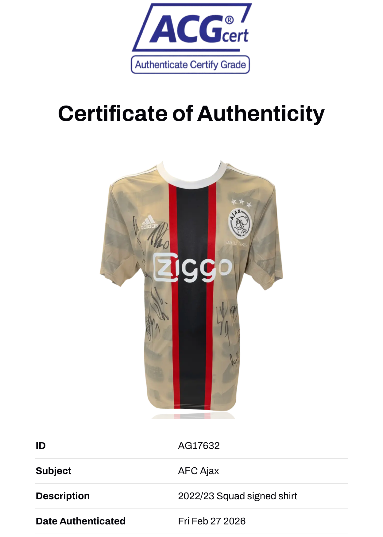 AFC AJAX SIGNED 2022/23 AWAY SQUAD SHIRT BERGWIJN, BLIND, KUDUS (ACG CERT AG17632)