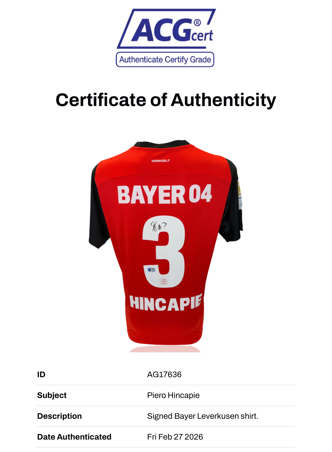 PIERO HINCAPIE SIGNED 2024/25 BAYER 04 LEVERKUSEN HOME SHIRT (ACG CERT AG17636)