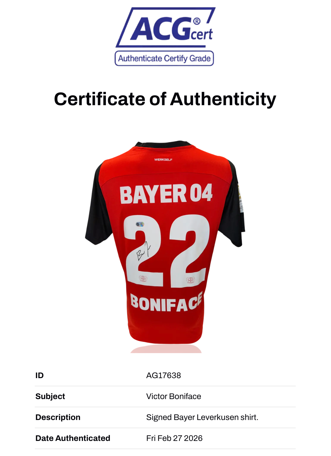 VICTOR BONIFACE SIGNED 2024/25 BAYER 04 LEVERKUSEN HOME SHIRT (ACG CERT AG17638)