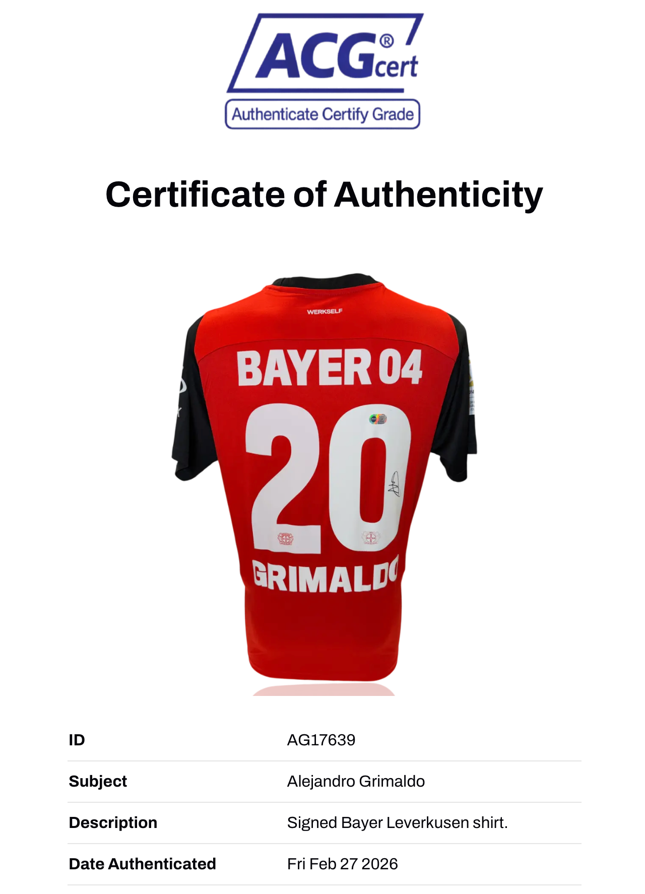 ALEJANDRO GRIMALDO SIGNED 2024/25 BAYER 04 LEVERKUSEN HOME SHIRT (ACG CERT AG17639)-2