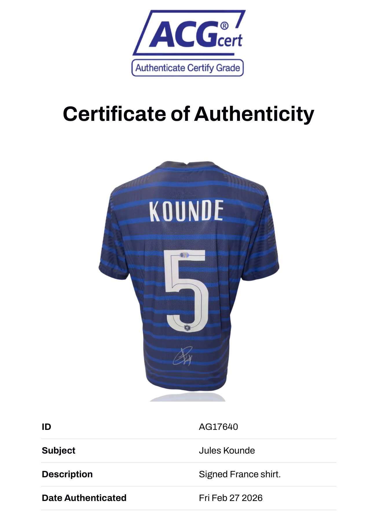 JULES KOUNDE SIGNED 2020/22 FRANCE VAPORKNIT HOME SHIRT (ACG CERT AG17640)-2