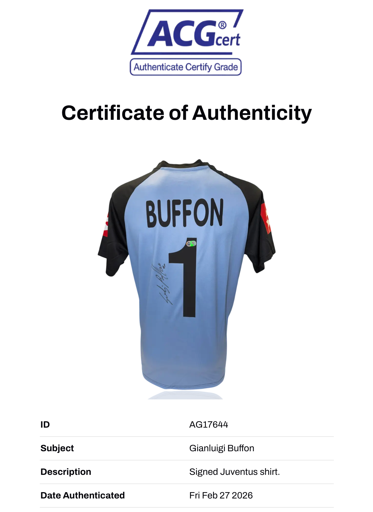 GIANLUIGI BUFFON SIGNED 2002/03 JUVENTUS GOALKEEPER SHIRT (ACG AG17644)