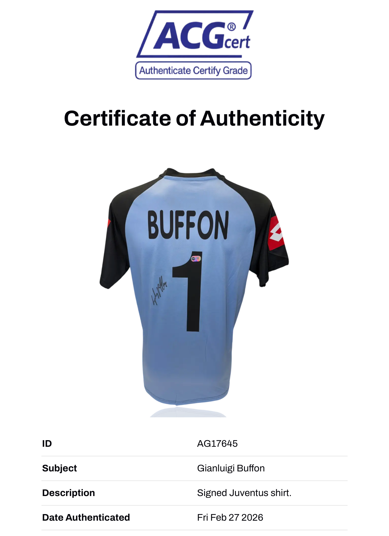 GIANLUIGI BUFFON SIGNED 2002/03 JUVENTUS GOALKEEPER SHIRT (ACG CERT AG17645)