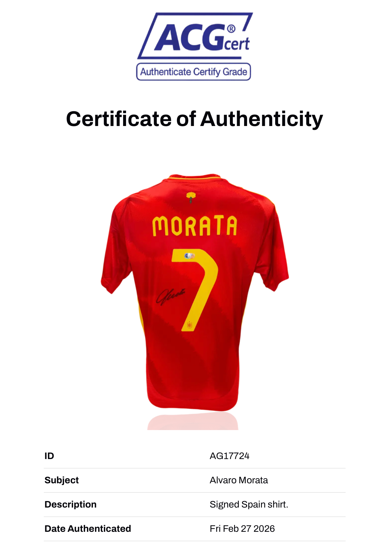 ALVARO MORATA SIGNED SPAIN EURO 2024 HOME SHIRT (ACG CERT AG17724)-2