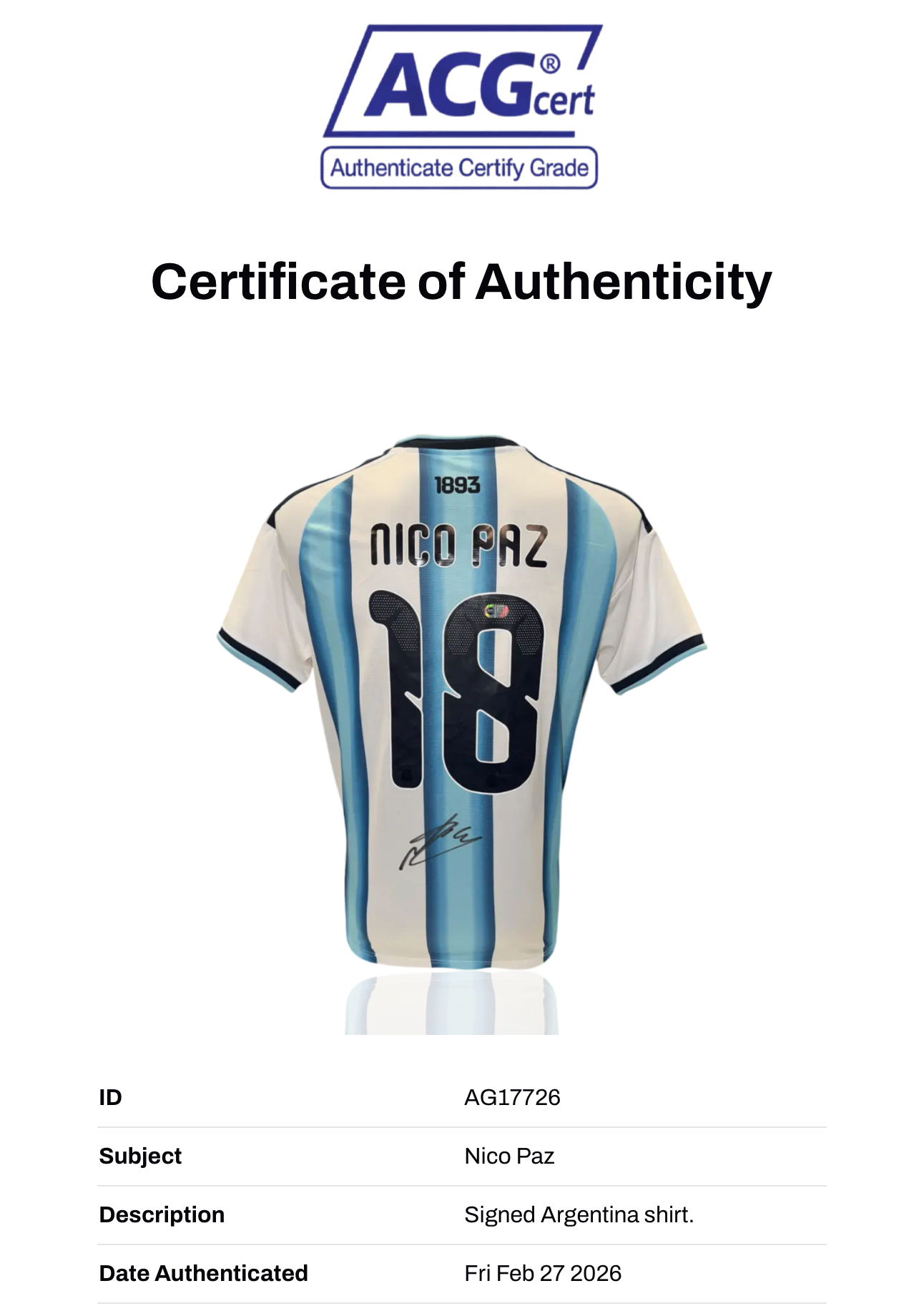 NICO PAZ SIGNED ARGENTINA WORLD CUP 2026 HOME SHIRT (ACG CERT AG17726)-2