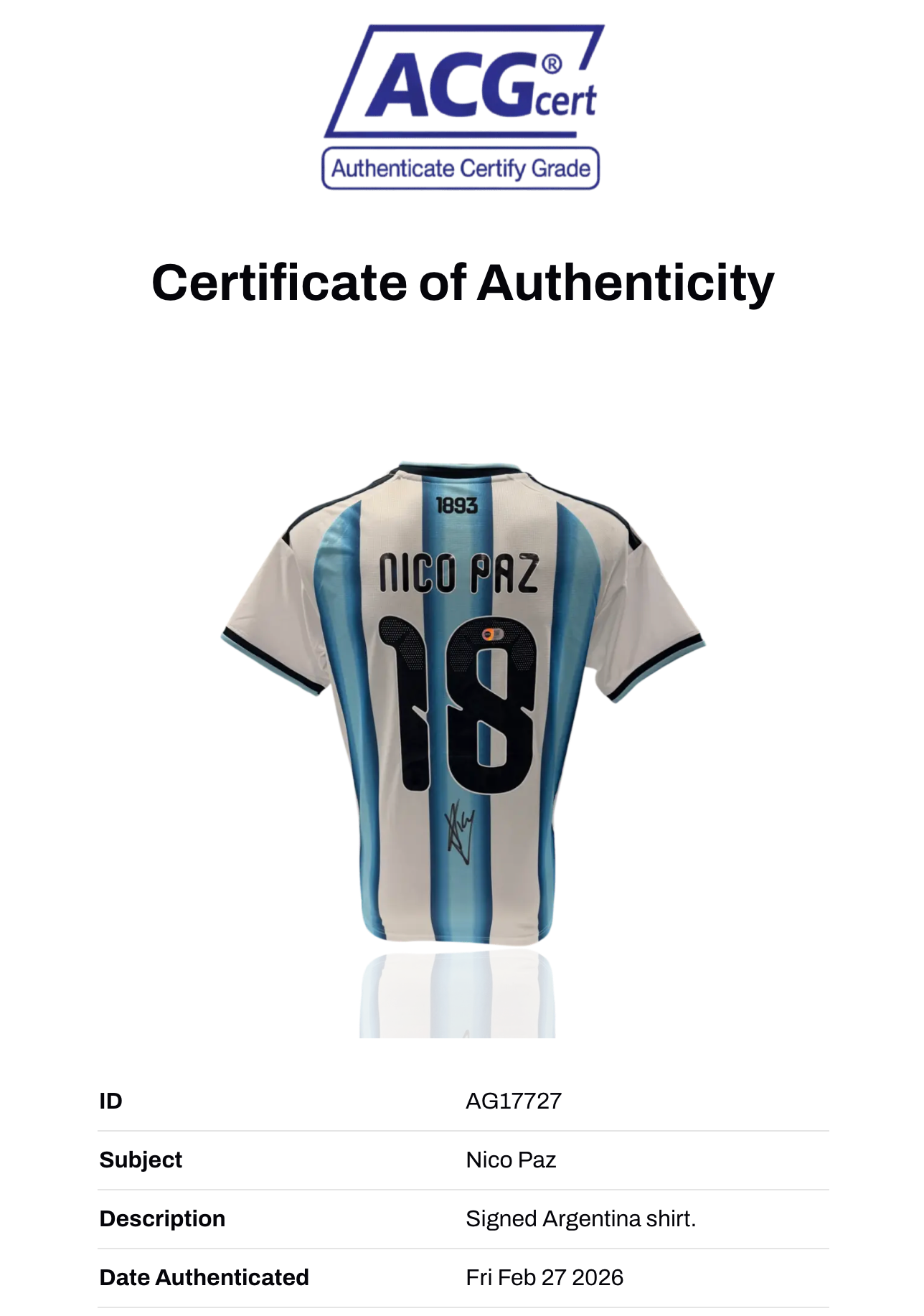 NICO PAZ SIGNED ARGENTINA WORLD CUP 2026 HOME SHIRT (ACG CERT AG17727)-2