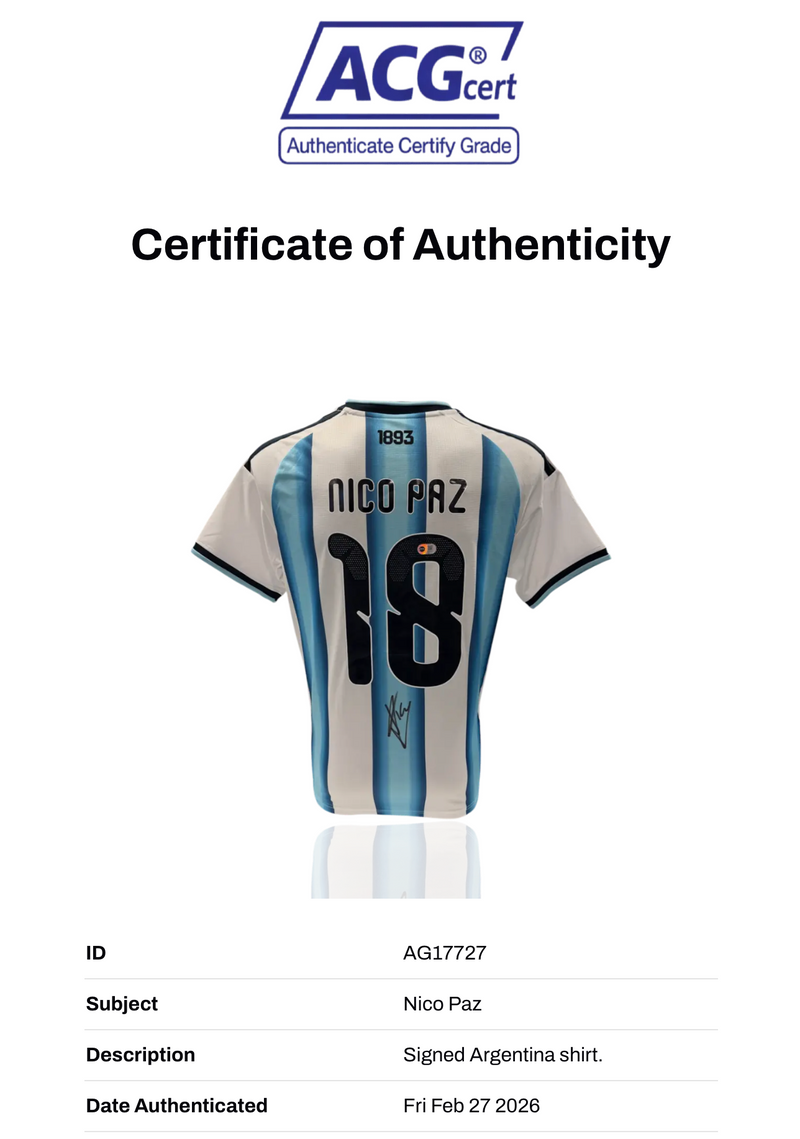 NICO PAZ SIGNED ARGENTINA WORLD CUP 2026 HOME SHIRT (ACG CERT AG17727)-2