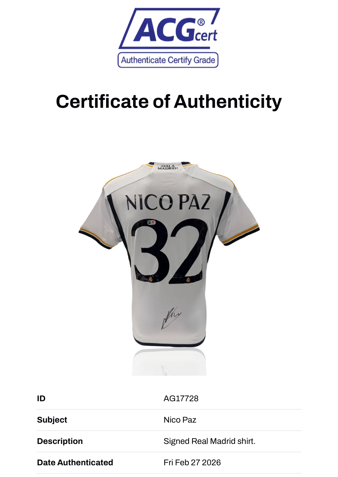 NICO PAZ SIGNED REAL MADRID 2023/24 HOME SHIRT (ACG CERT AG17728)