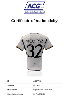 NICO PAZ SIGNED REAL MADRID 2023/24 HOME SHIRT (ACG CERT AG17728)-2