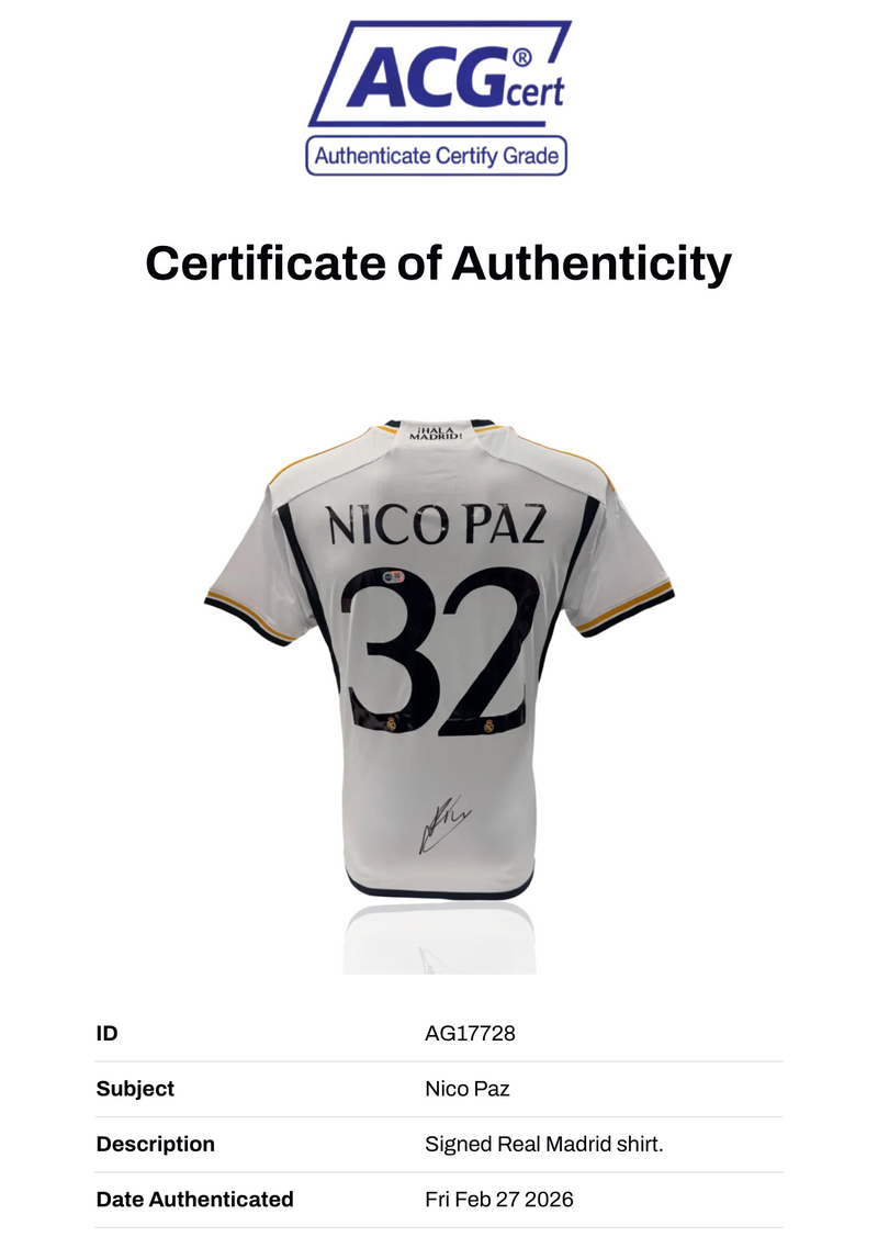 NICO PAZ SIGNED REAL MADRID 2023/24 HOME SHIRT (ACG CERT AG17728)-2