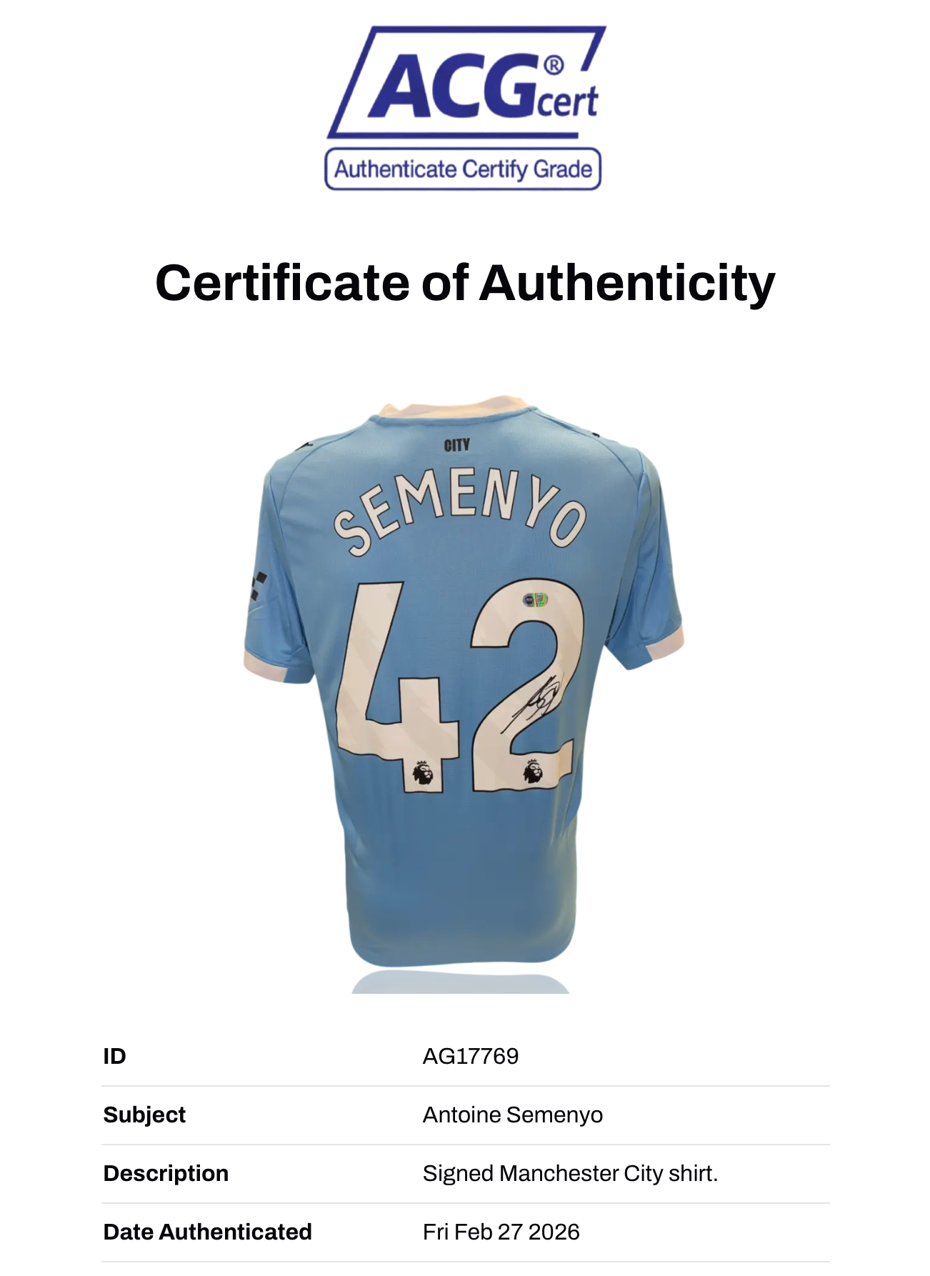 ANTOINE SEMENYO SIGNED MANCHESTER CITY FC 25/26 HOME SHIRT (ACG CERT AG17769)