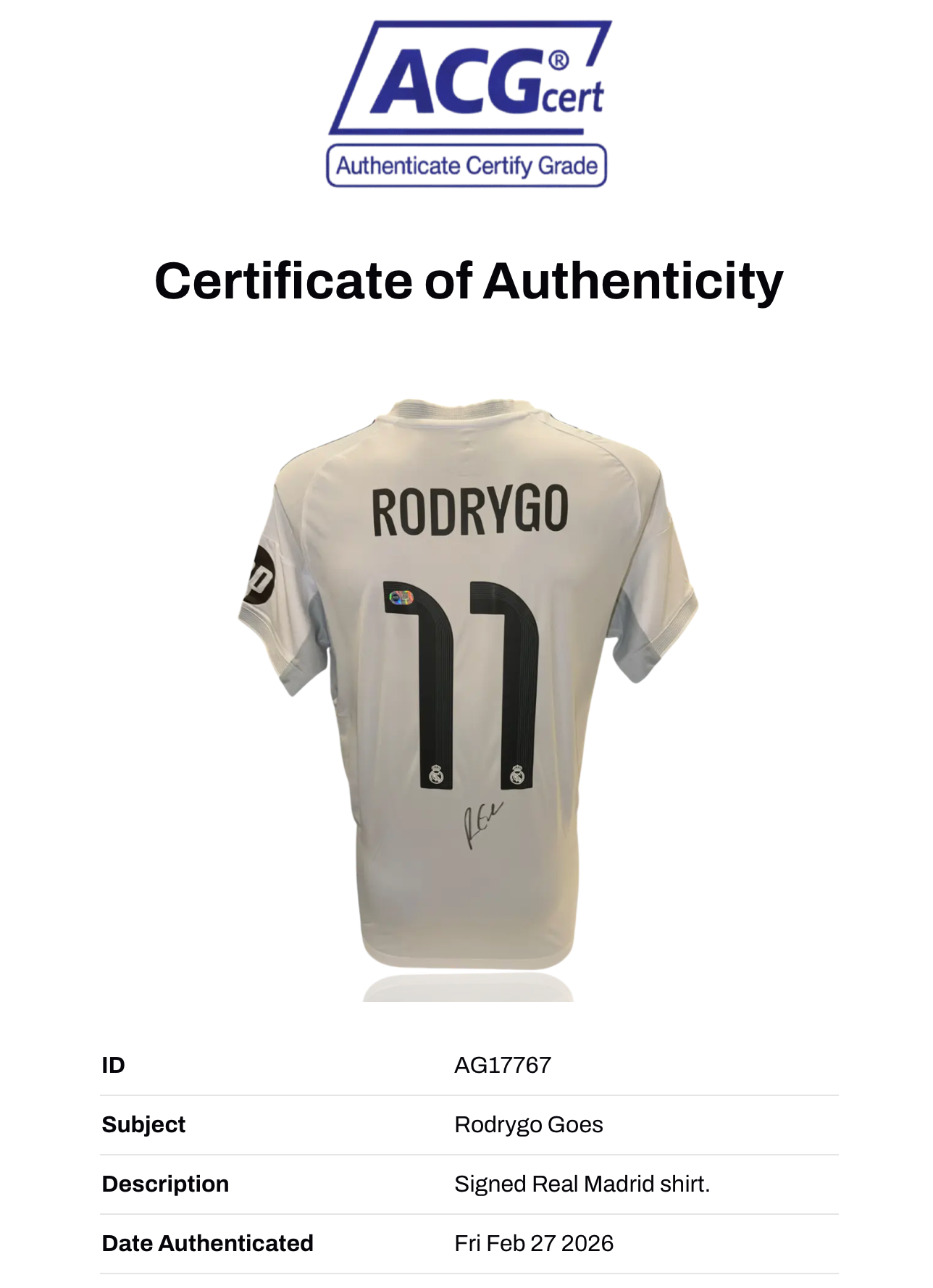 RODRYGO SIGNED REAL MADRID 2025/26 HOME SHIRT (ACG CERT AG17767)