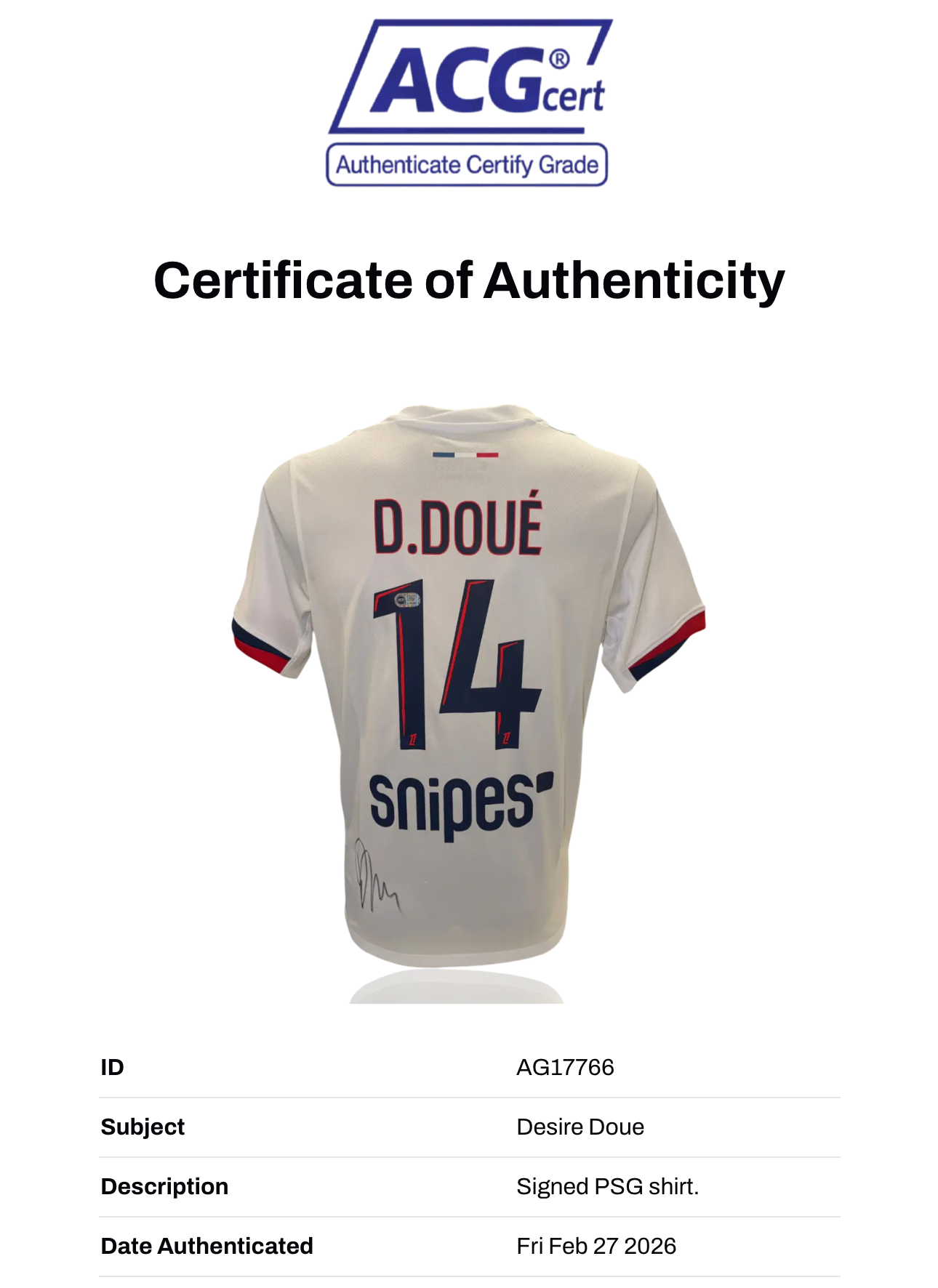 DESIRE DOUE SIGNED 2025/26 PARIS SAINT-GERMAIN PSG AWAY SHIRT (ACG CERT AG17766)-2