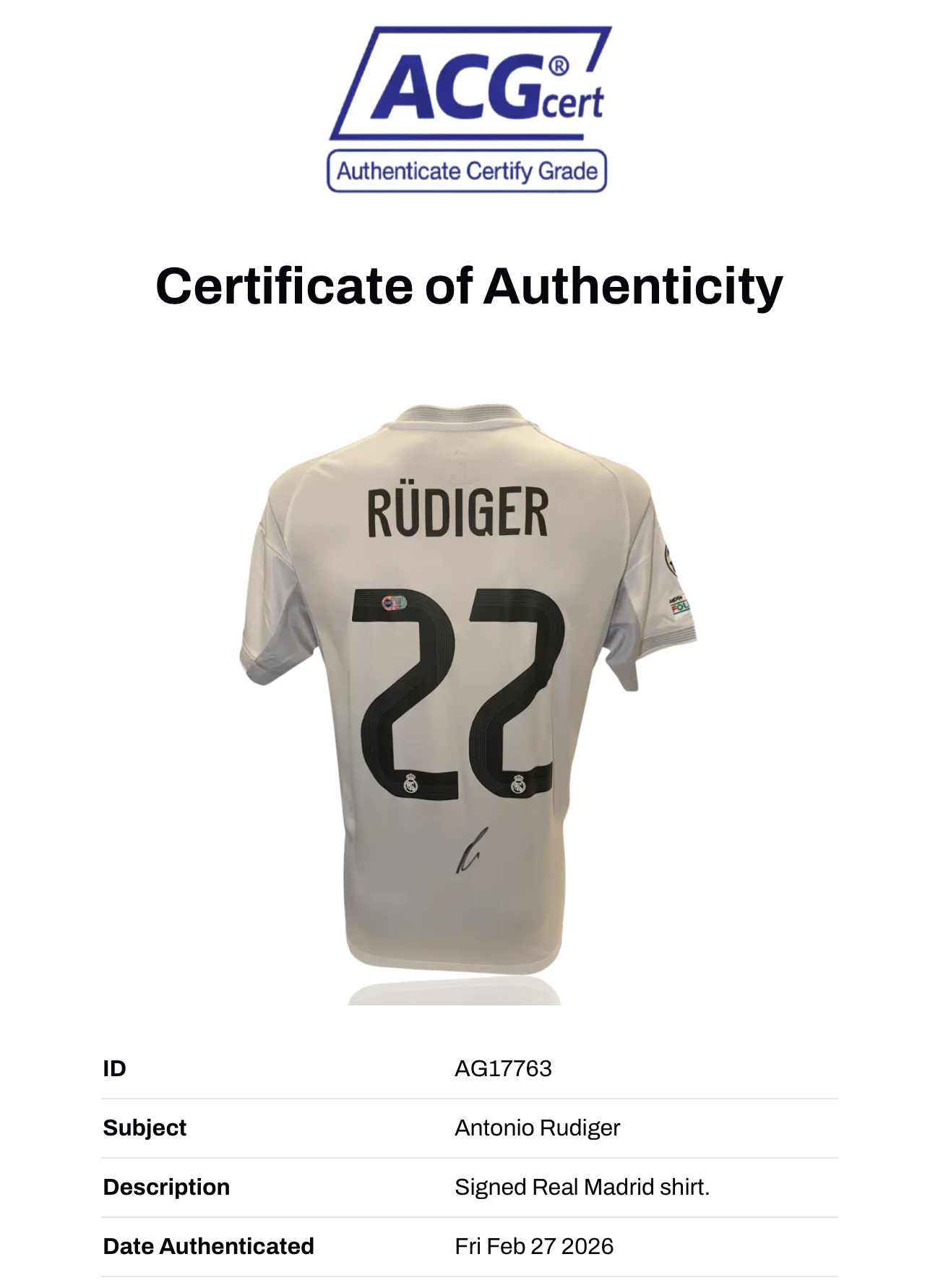 ANTONIO RUDIGER SIGNED REAL MADRID 2025/26 HOME SHIRT (ACG CERT AG17763)