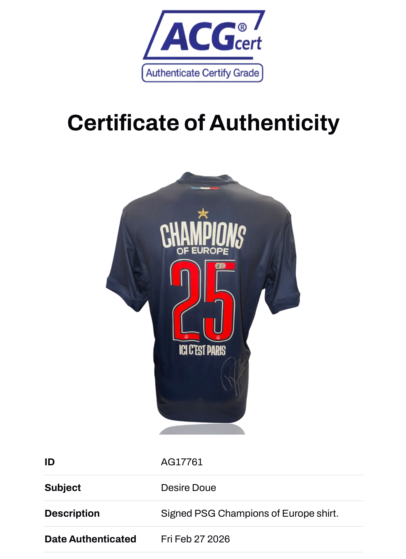 DESIRE DOUE SIGNED 24/25 PARIS SAINT-GERMAIN CHAMPIONS OF EUROPE SHIRT (ACG CERT AG17761)-2