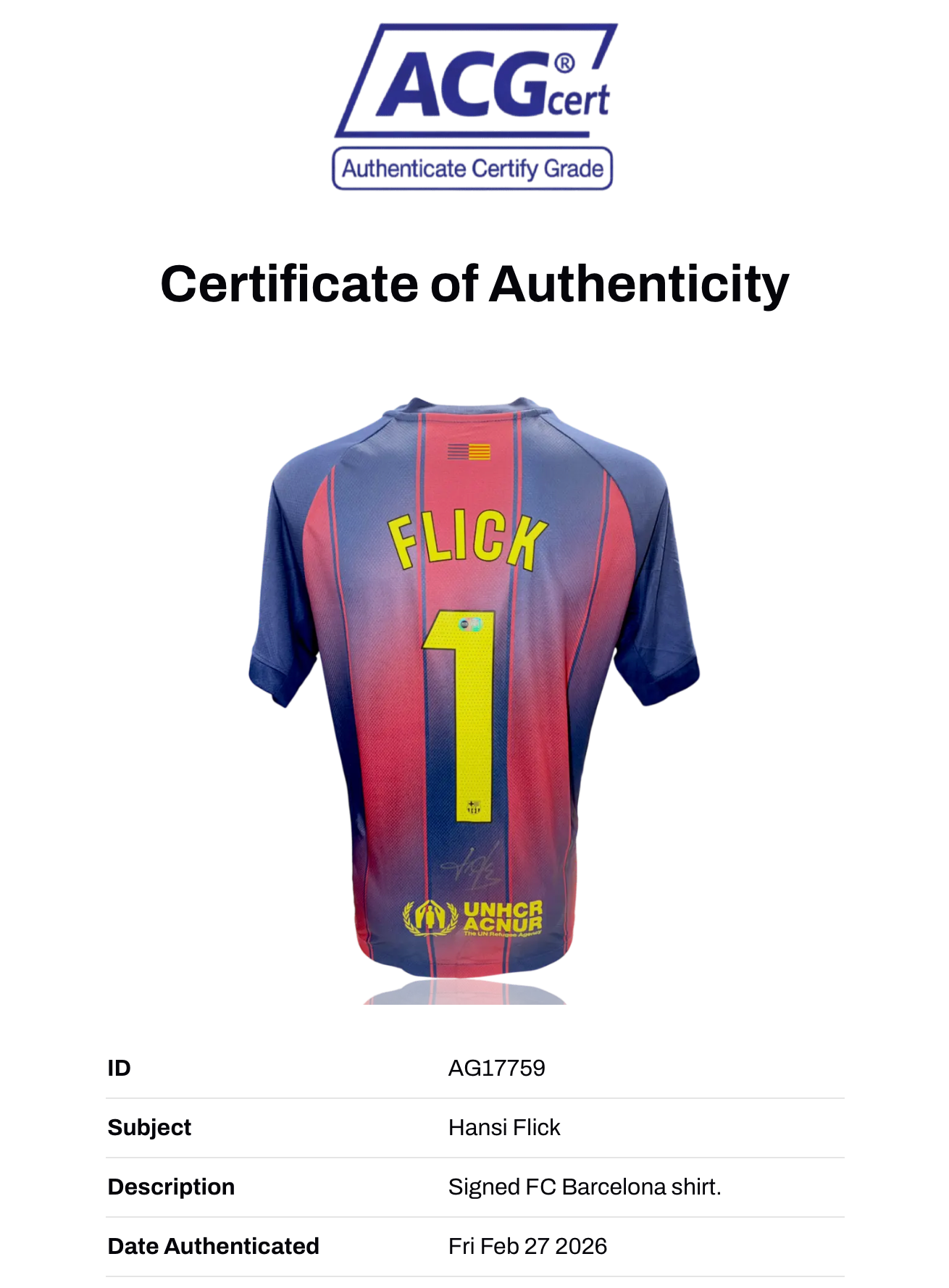 HANSI FLICK SIGNED FC BARCELONA 2025/26 HOME SHIRT (ACG CERT AG17759)-2