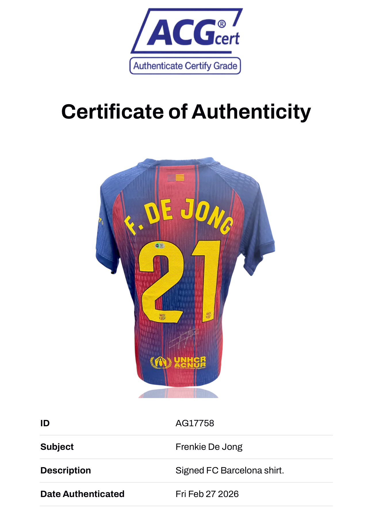 FRENKIE DE JONG SIGNED FC BARCELONA 2025/26 HOME SHIRT (ACG CERT AG17758)-2