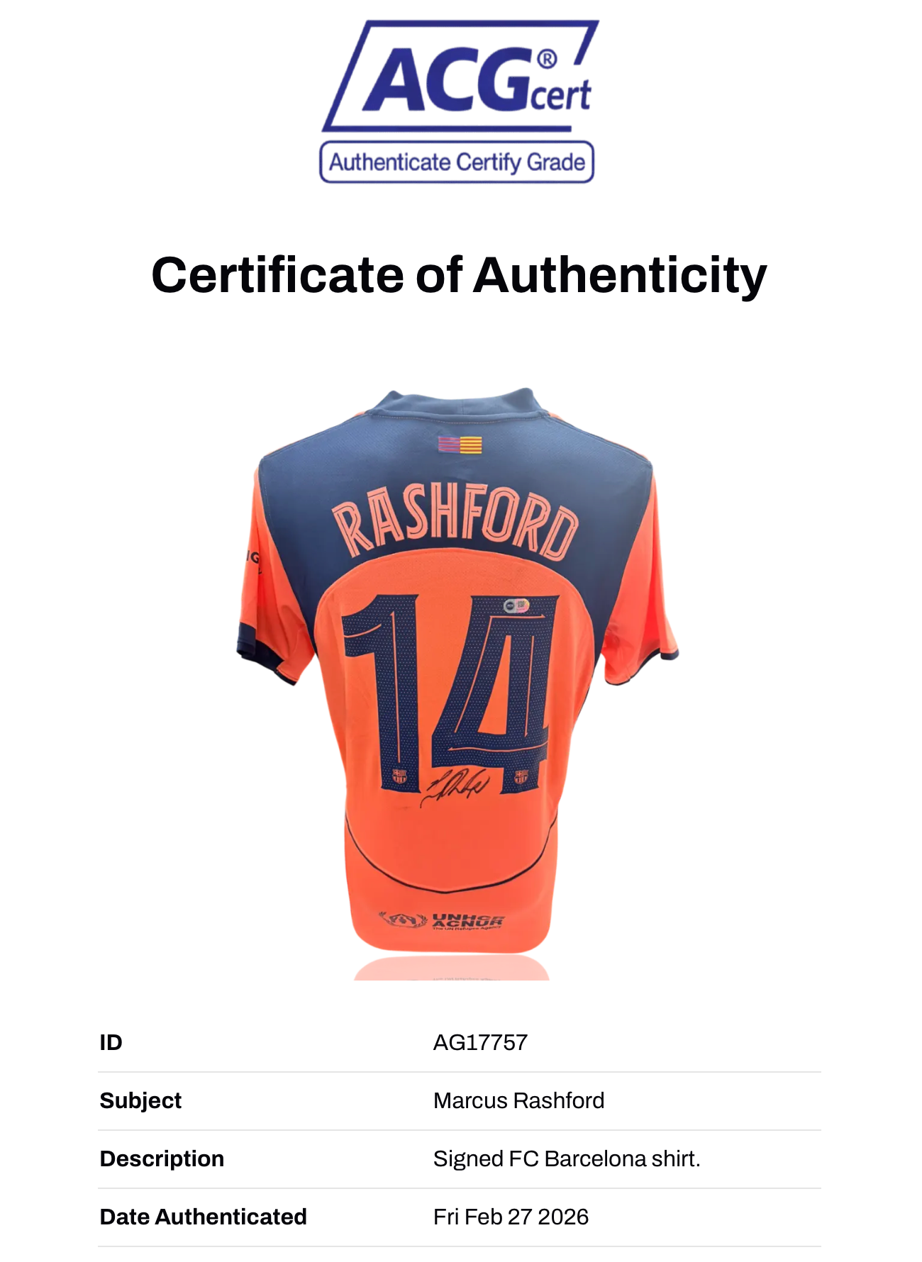 MARCUS RASHFORD SIGNED FC BARCELONA 2025/26 AWAY SHIRT (ACG CERT AG17757)-2