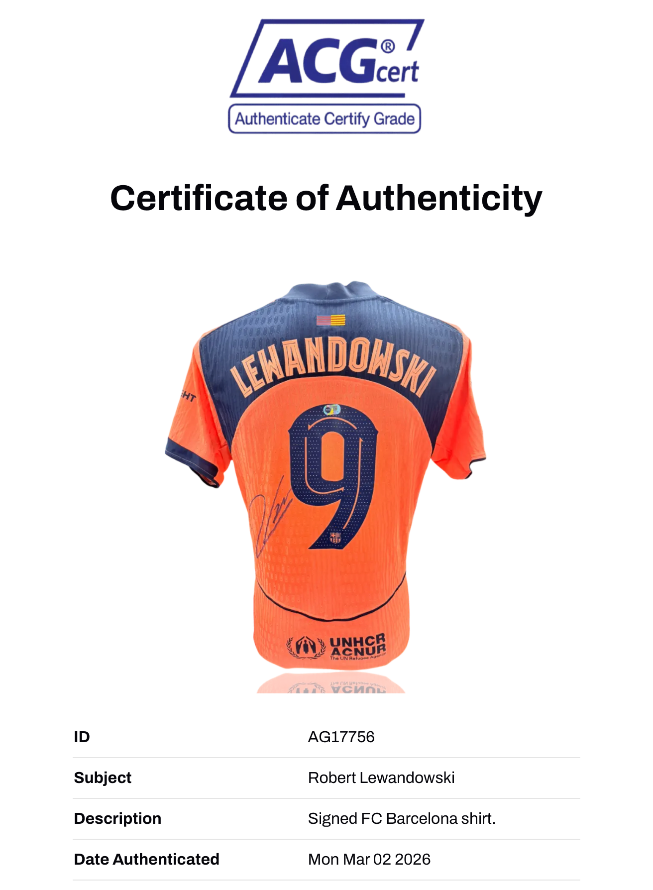 ROBERT LEWANDOWSKI SIGNED FC BARCELONA 2025/26 AWAY SHIRT (ACG CERT AG17756)-2