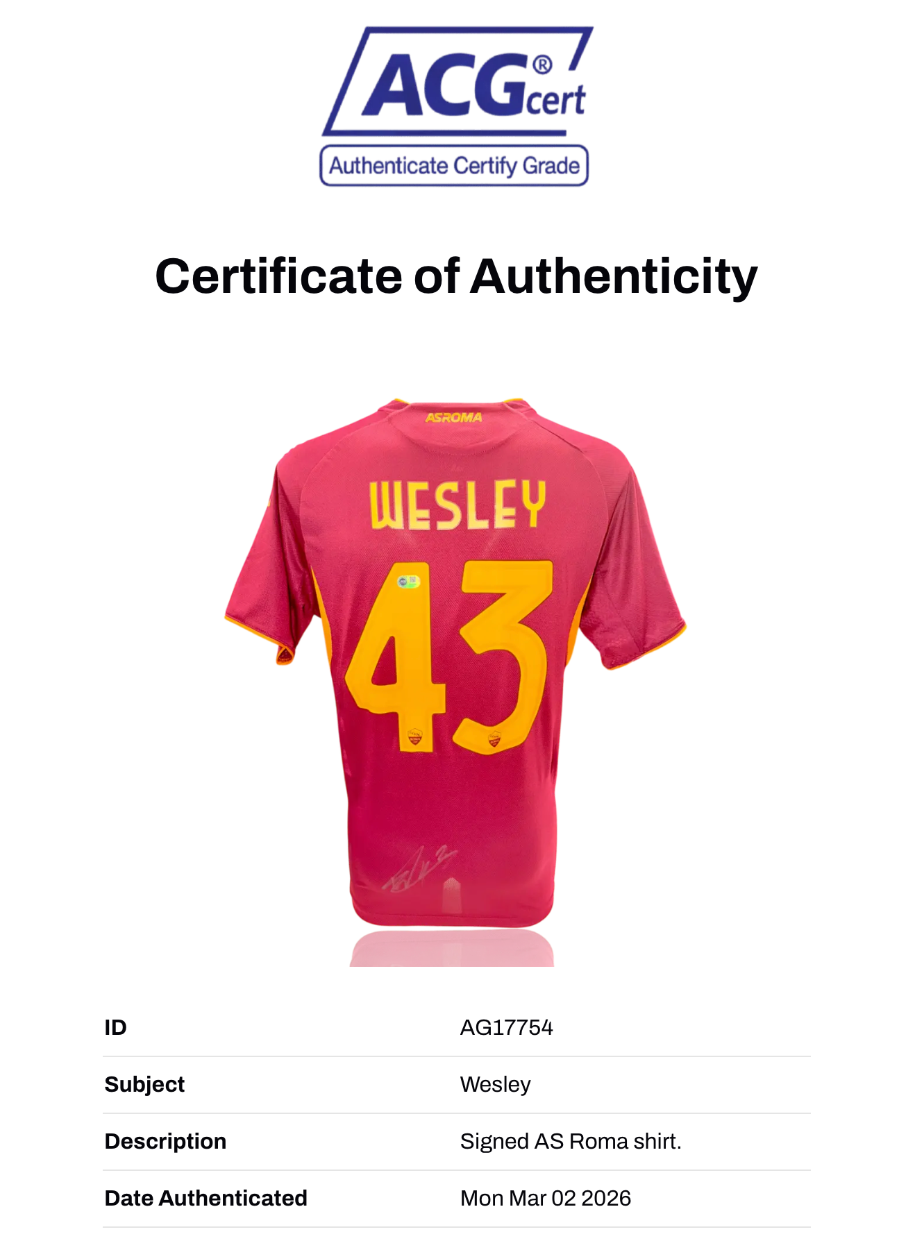 WESLEY SIGNED AS ROMA 2025/26 HOME SHIRT (ACG CERT AG17754)-2