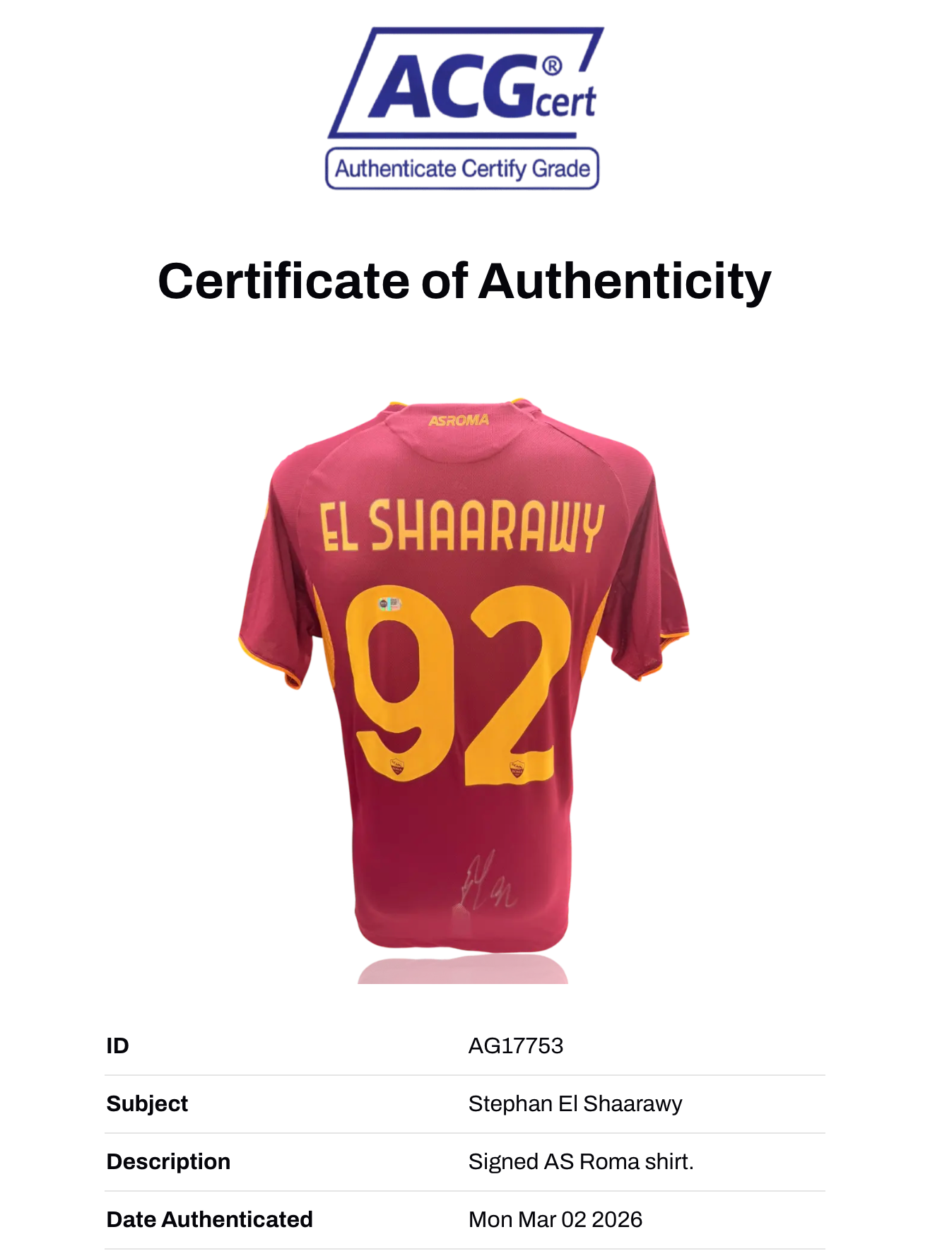 STEPHAN EL SHAARAWY SIGNED AS ROMA 2025/26 HOME SHIRT (ACG CERT AG17753)-2