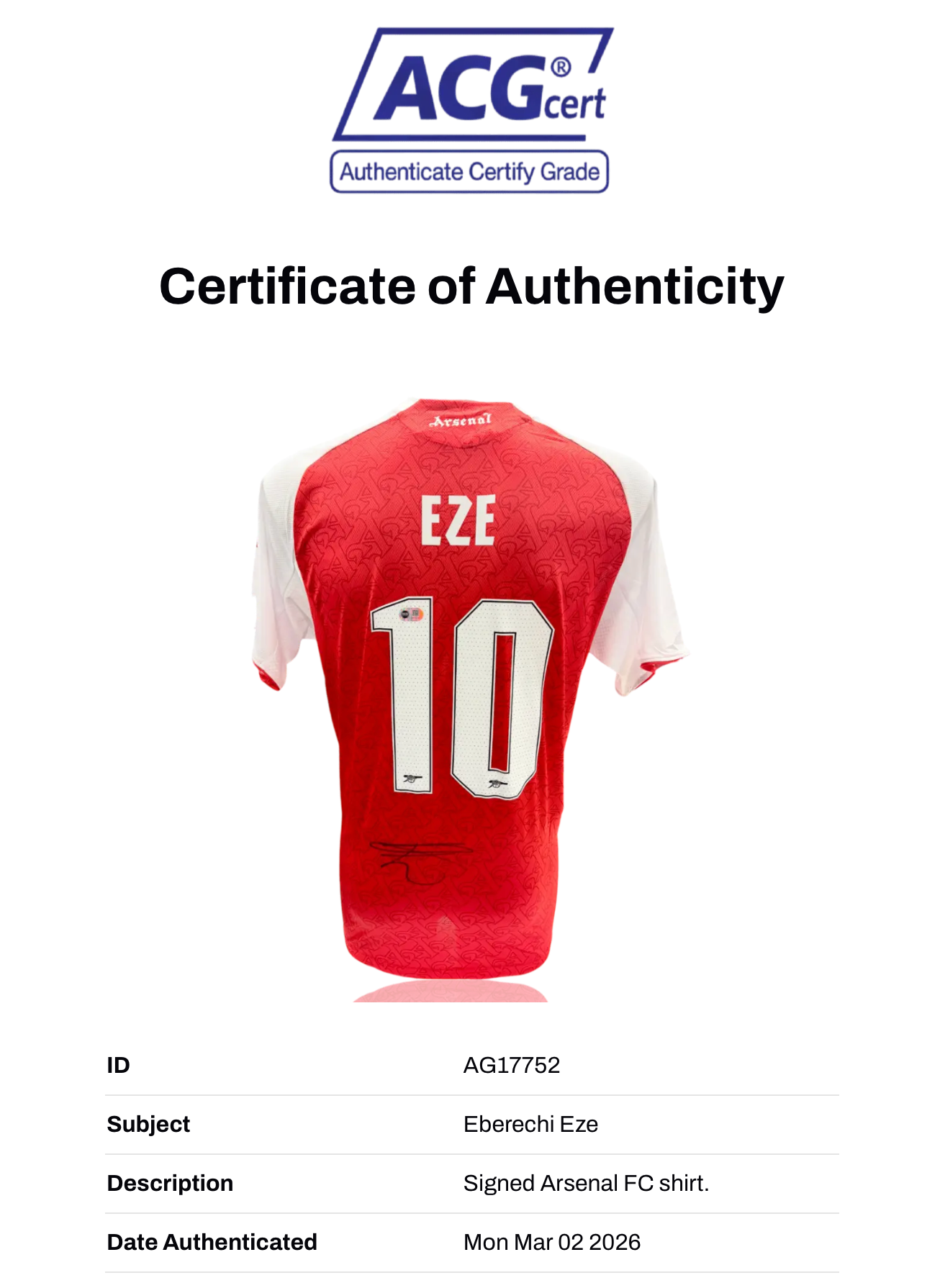 EBERECHI EZE SIGNED 2025/26 ARSENAL FC HOME SHIRT (ACG CERT AG17752)