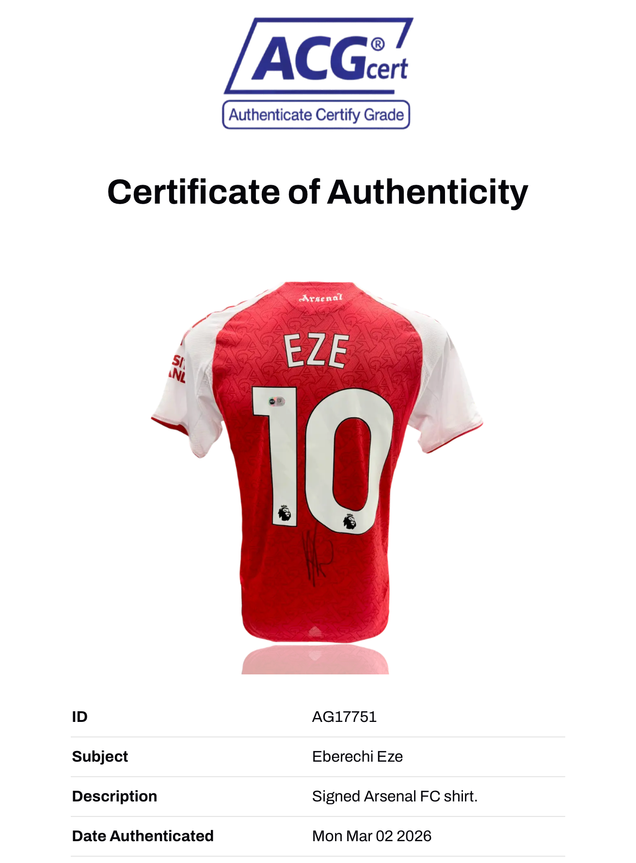 EBERECHI EZE SIGNED 2025/26 ARSENAL FC HOME SHIRT (ACG CERT AG17751)