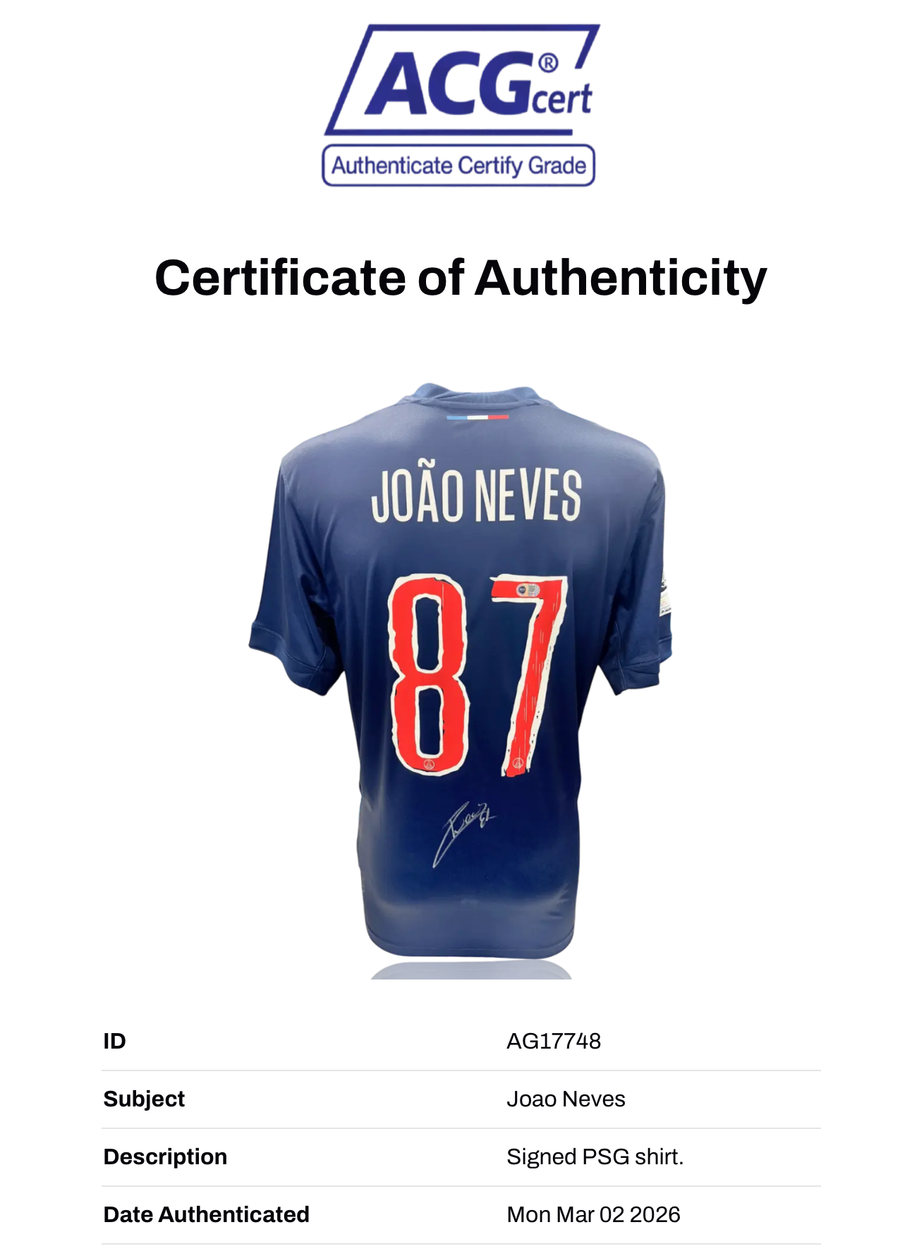 JOAO NEVES SIGNED 24/25 PARIS SAINT-GERMAIN PSG HOME SHIRT (ACG CERT AG17748)