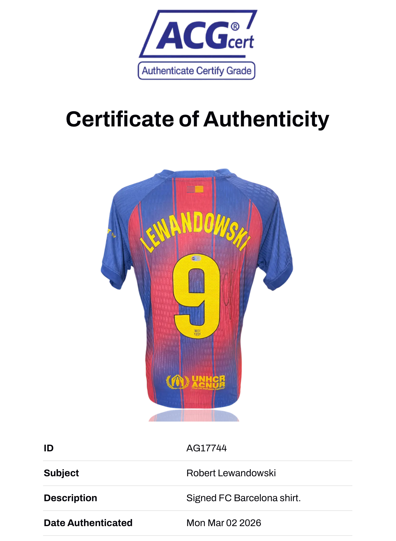 ROBERT LEWANDOWSKI SIGNED FC BARCELONA 2025/26 HOME SHIRT (ACG CERT AG17744)-2