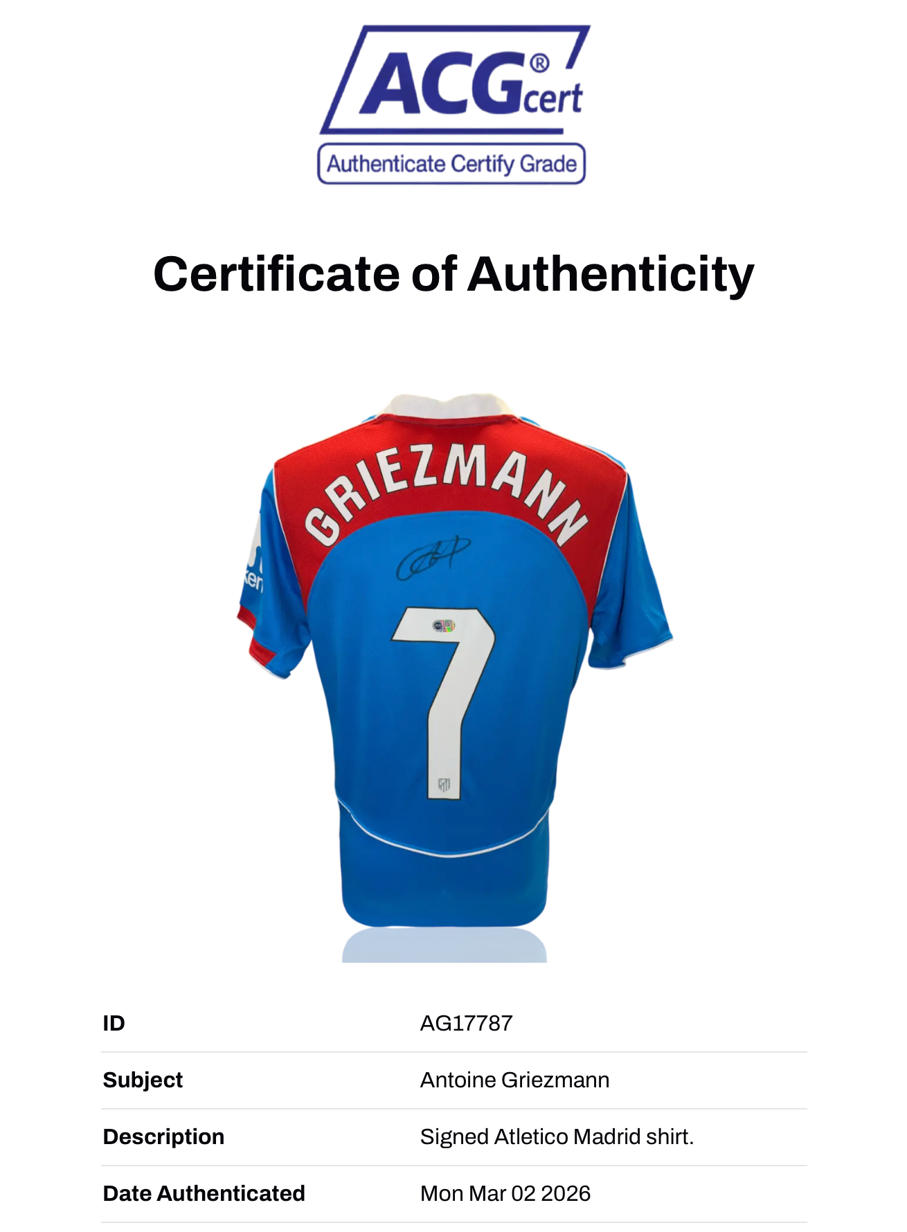 ANTOINE GRIEZMANN SIGNED ATLETICO MADRID 2025/26 THIRD SHIRT (ACG CERT AG17787)