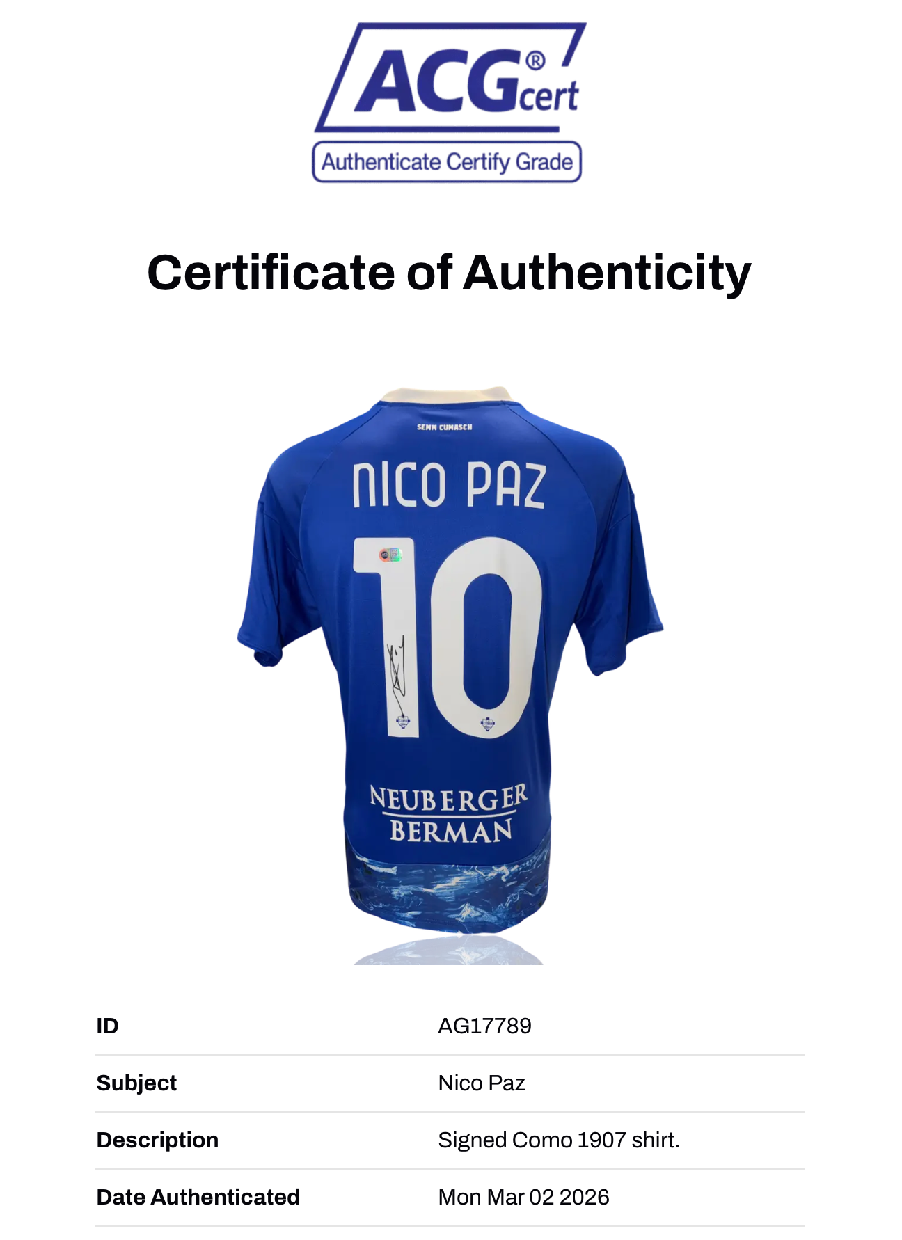 NICO PAZ SIGNED COMO 1907 2026/26 HOME SHIRT (ACG CERT AG17789)-2