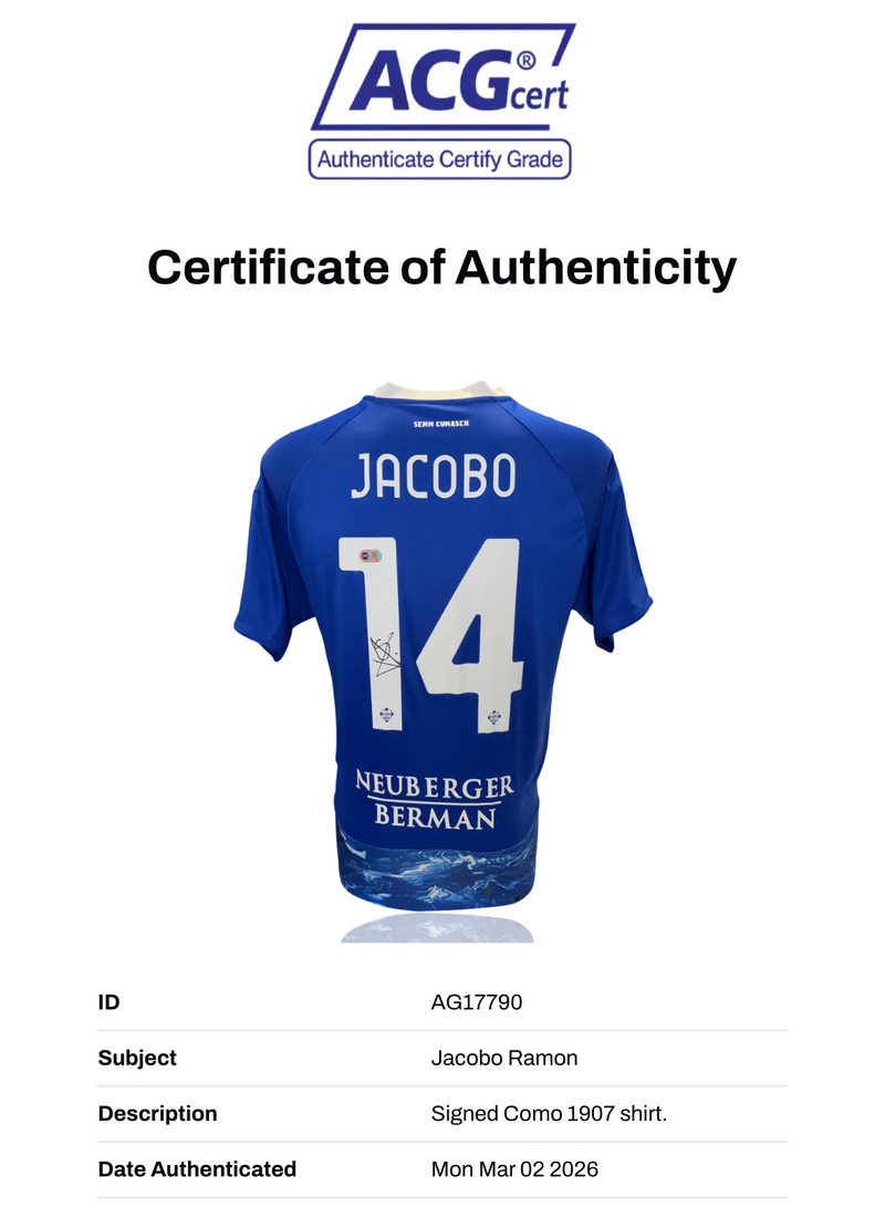 JACOBO RAMON SIGNED COMO 1907 2026/26 HOME SHIRT (ACG CERT AG17790)-2