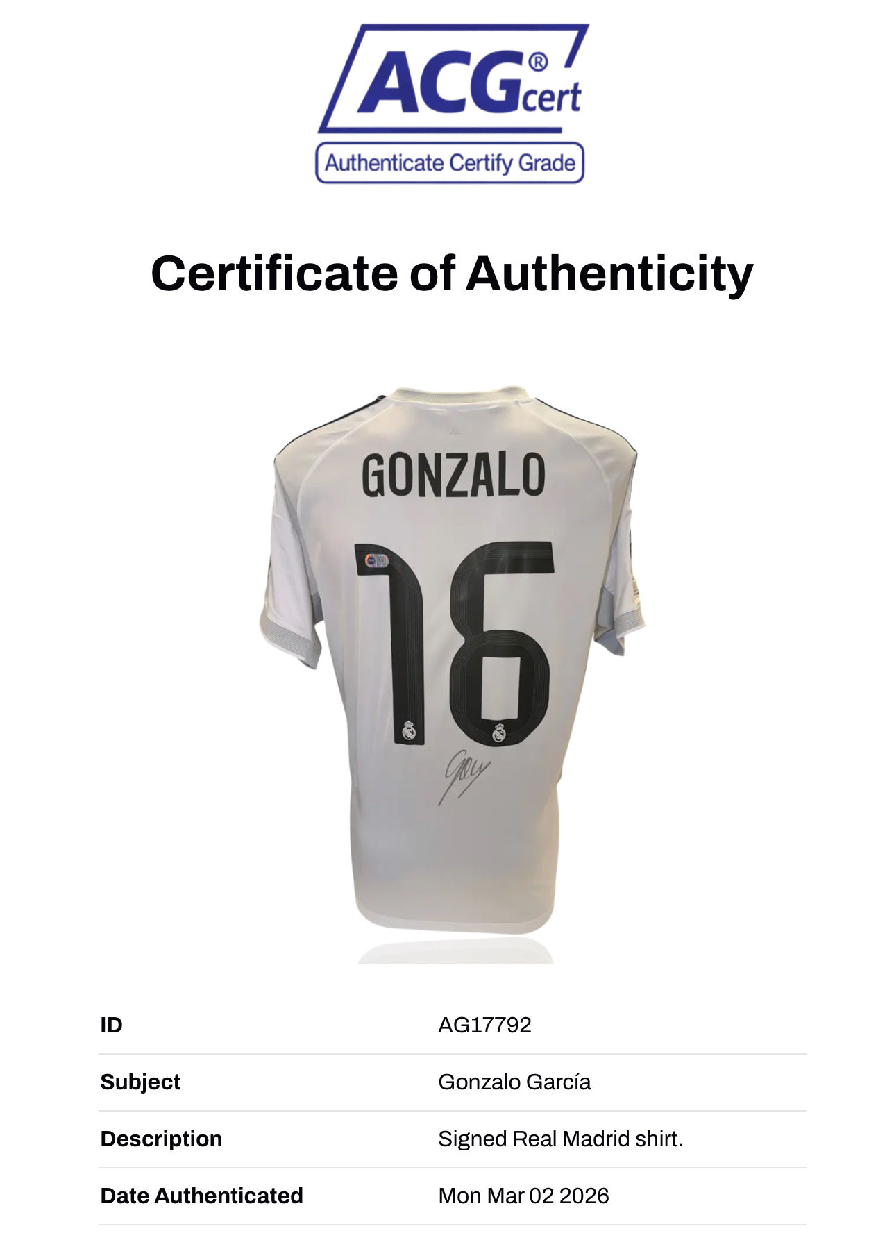GONZALO GARCIA SIGNED REAL MADRID 2025/26 HOME SHIRT (ACG CERT AG17792)