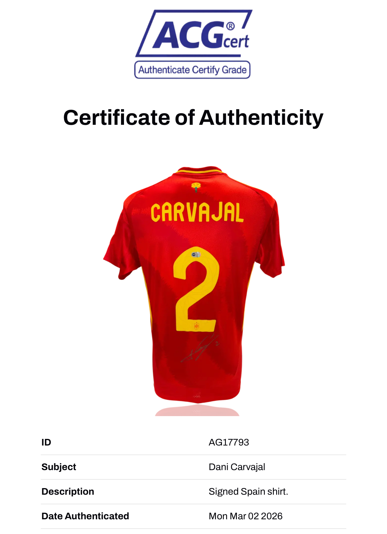 DANI CARVAJAL SIGNED SPAIN EURO 2024 HOME SHIRT (ACG CERT AG17793)