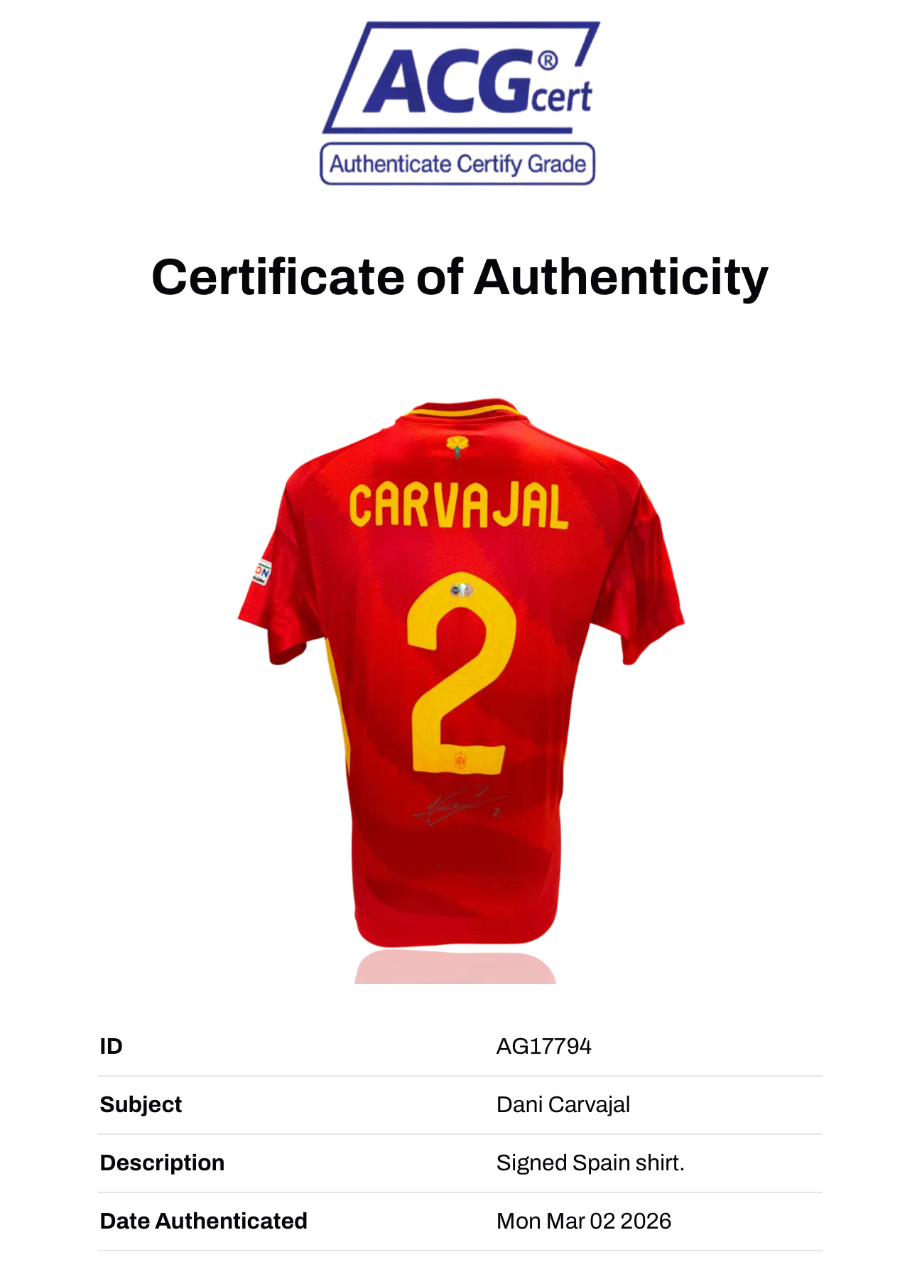 DANI CARVAJAL SIGNED SPAIN EURO 2024 HOME SHIRT (ACG CERT AG17794)