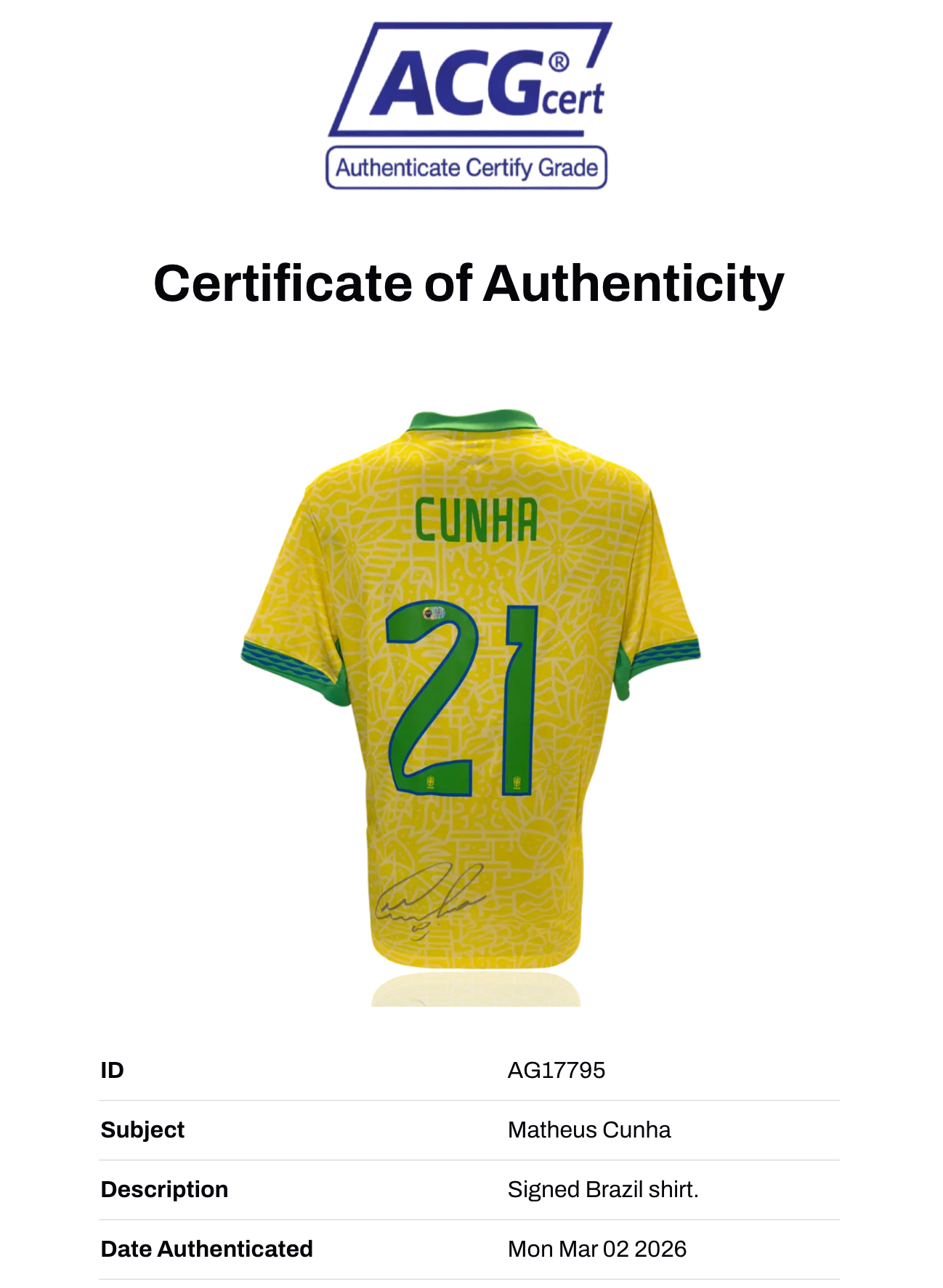 MATHEUS CUNHA SIGNED BRAZIL 2024/25 HOME SHIRT (ACG CERT AG17795)